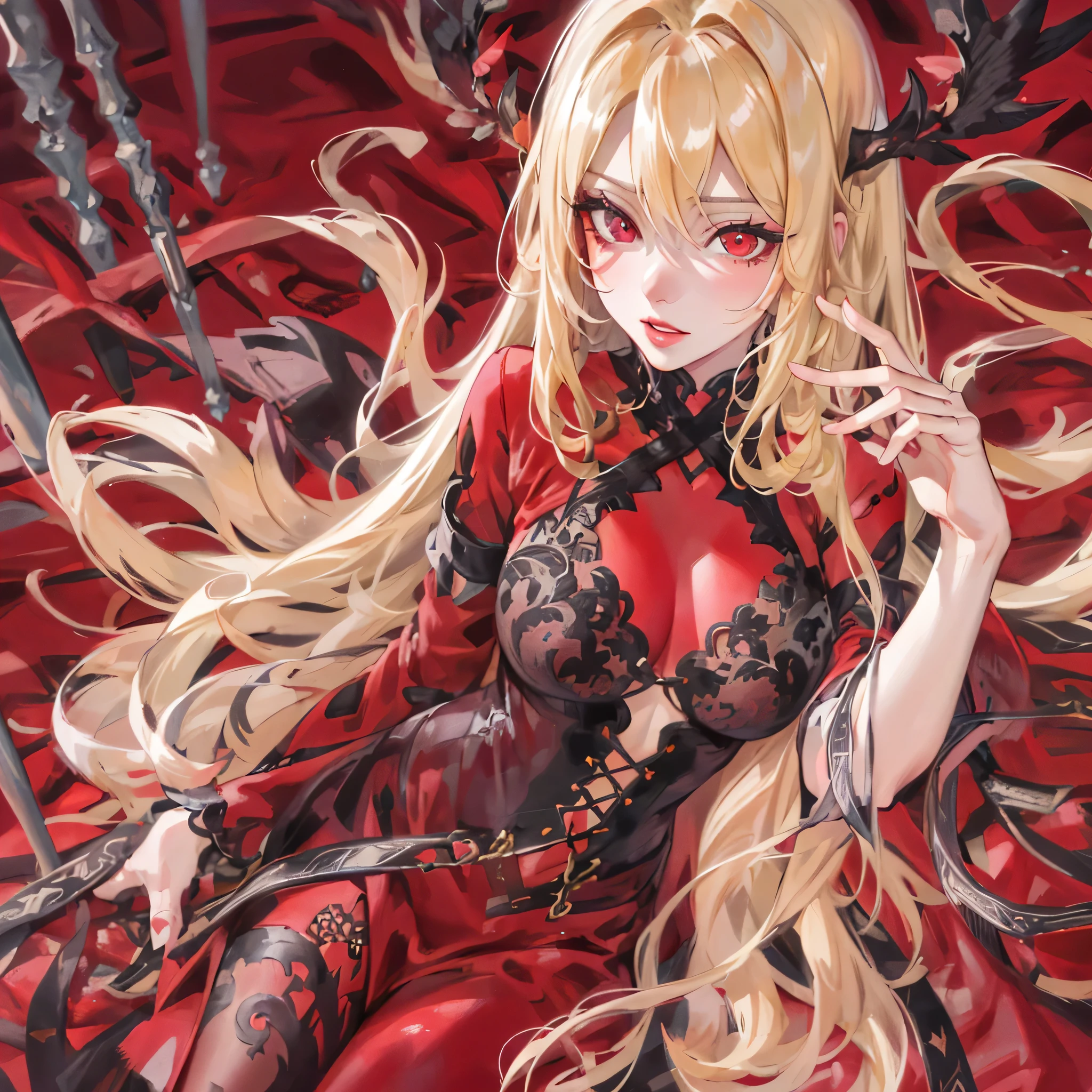 (highest quality,4K,8K,High resolution,table top:1.2),super detailed,realistic,beautiful detailed red eyes,beautiful detailed lips,highly detailed face,long hair,1 girl,beautiful blonde girl,Fallen Angel Costume,yandere,devilish,Charm,cheese, sports late, fine eyes