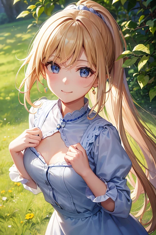 (masterpiece:1.2), (highest quality:1.2), Curvy but slender body, perfect eyes, perfect face, perfect lighting, 1 girl, in the garden, （blouse），（skirt），（maid），（ponytail），curly hair, fine clothes, detailed outdoor background, compensate, eye shadow, thick eyelashes, fantasy, whole body、blue sky、Bright and beautiful face、young shiny glossy white shiny skin、the best beauty、the most beautiful bright blonde hair in the world、thin hair、long hair、Shining beautiful bangs、big shining blue eyes、very beautiful and nice 18 years old, the most beautiful girl in the world、small breasts、a sexually excited look、tits、nipple、spread your legs wide、((she shows no panties、skirtを持ち上げる、I&#39;m seducing you))、((Love juice dripping from the vagina))