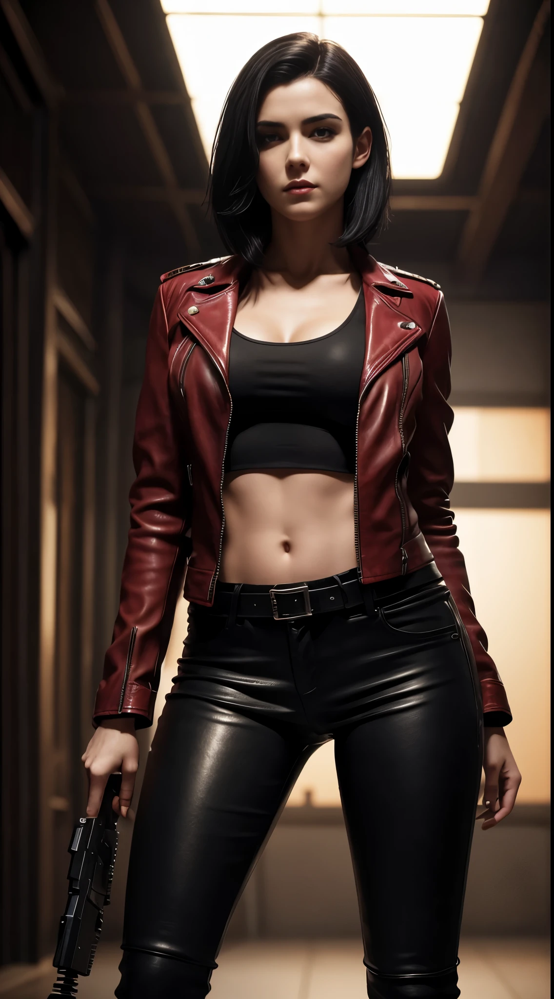 a beautiful 25 years old British female vampire mercenary with short black hair, pale skin, wearing red leather jacket and black tight pants, holding dual handguns, view from front, waist up shot, dynamic pose, ambient lighting, photo realism, intricate face detail, intricate hand details, highly detailed, vibrant colors, cinematic, high definition, trending on Artstation--style raw