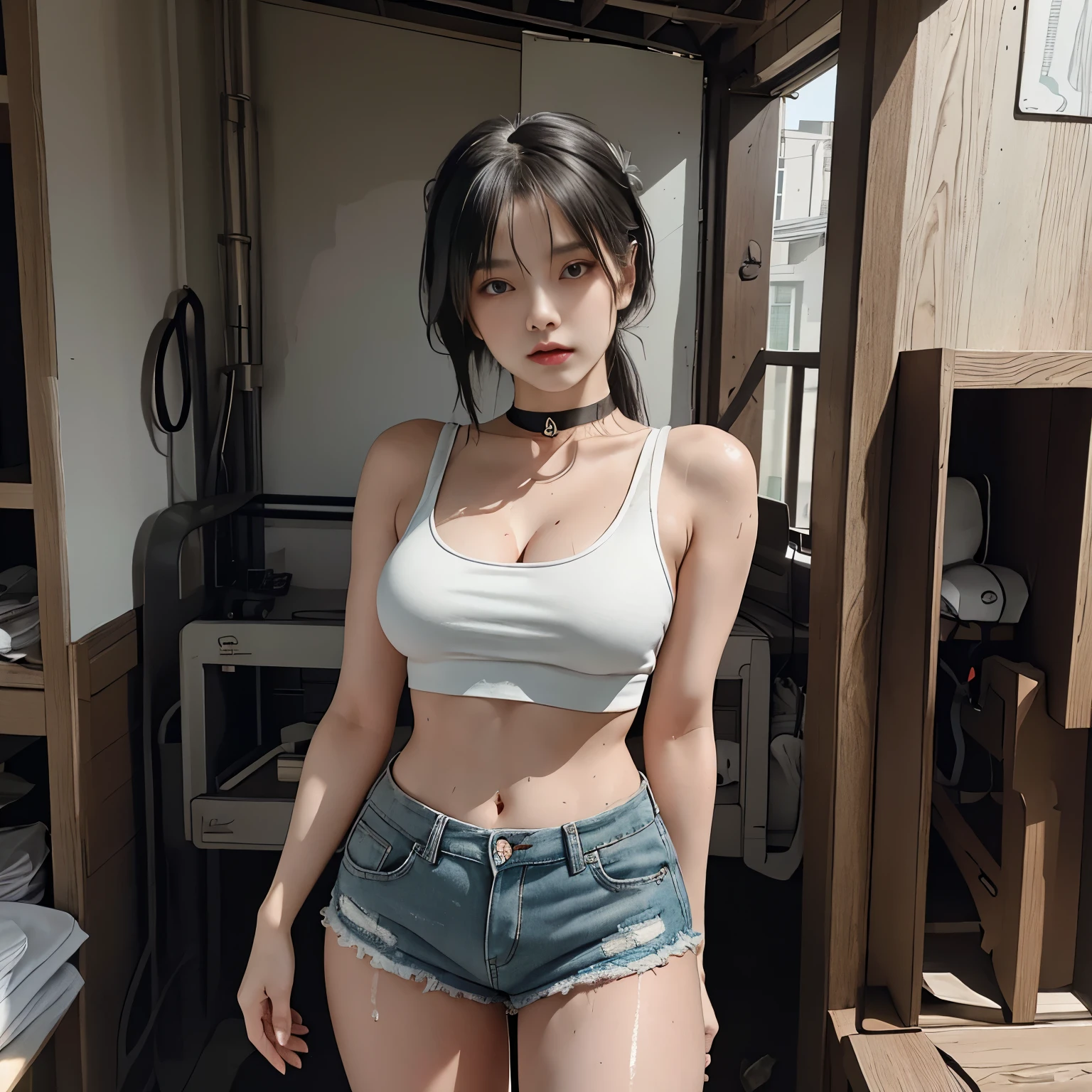 masterpiece, best quality, 1girl, solo, tank top, shorts, choker, looking at viewer, thigh strap, head tilt, black hair, aqua eyes, headset,((large breasts)), wet body, outdor, pose, full body,standing