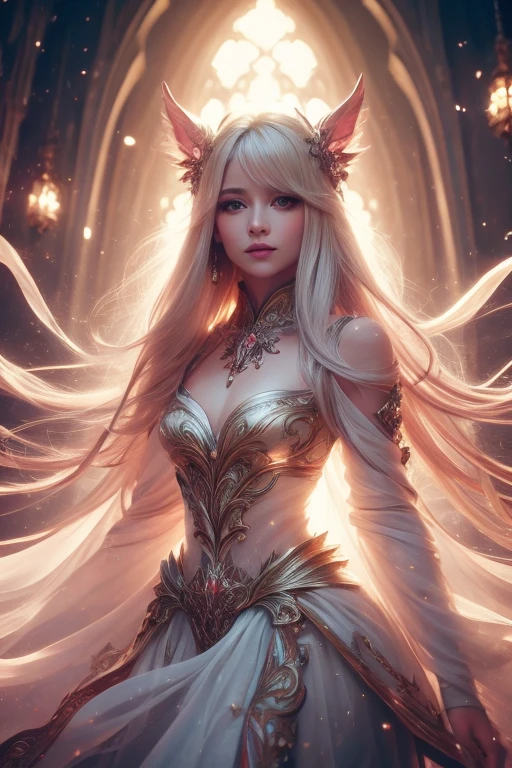 hermoso girl in white dress, vestido de hadas, Cabello largo y dorado, realistic illustration, labios rosados y bonitos, aura brillante a su alrededor, luces brillantes!, cabello brillante y fluido, cabello brillante y suelto, hermoso realistic illustration, Fantasy Otherworldly Landscape Plants Flowers, hermoso, obra maestra, Mejor calidad, estilo realista, hermoso rostro, ojos brillantes, cuerpo perfecto, brazos perfectos, piel perfecta, alta calidad, perfect anatomy, orejas de elfo, alas de hada