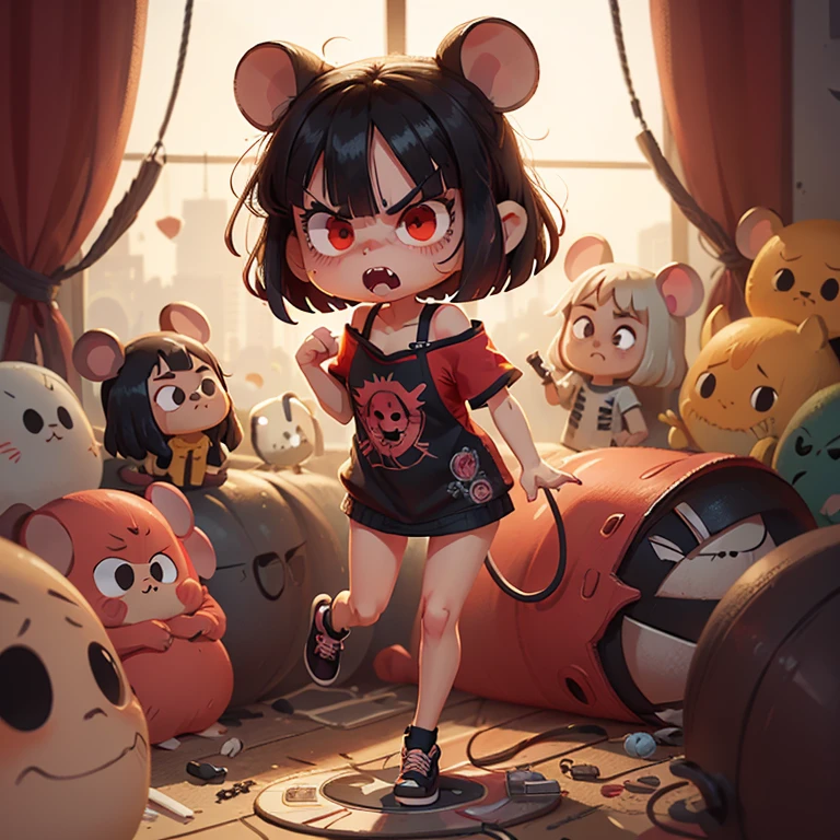 chibi, mouse, cute, vampire, action pose, female, darker background, scary ambience, evil look, angry face, bigbadejo, full body, masterpiece, 3D Rendering, Best Quality, Lots of Detail, (plain background), (vinyl toy figurine:1.2), (perfect hands), (5 fingers on each hand),(short bob cut),beautiful Eye,hoodedeyes, wearing red&black off shoulder casual dress,black camisole,hair off forehead bangs,short eyebrows,short hair,beautiful detailed black hair,(solo:1.2)