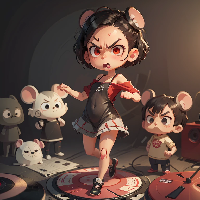 chibi, mouse, cute, vampire, action pose, female, darker background, scary ambience, evil look, angry face, bigbadejo, full body, masterpiece, 3D Rendering, Best Quality, Lots of Detail, (plain background), (vinyl toy figurine:1.2), (perfect hands), (5 fingers on each hand),(short bob cut),beautiful Eye,hoodedeyes, wearing red&black off shoulder casual dress,black camisole,hair off forehead bangs,short eyebrows,short hair,beautiful detailed black hair,(solo:1.2)