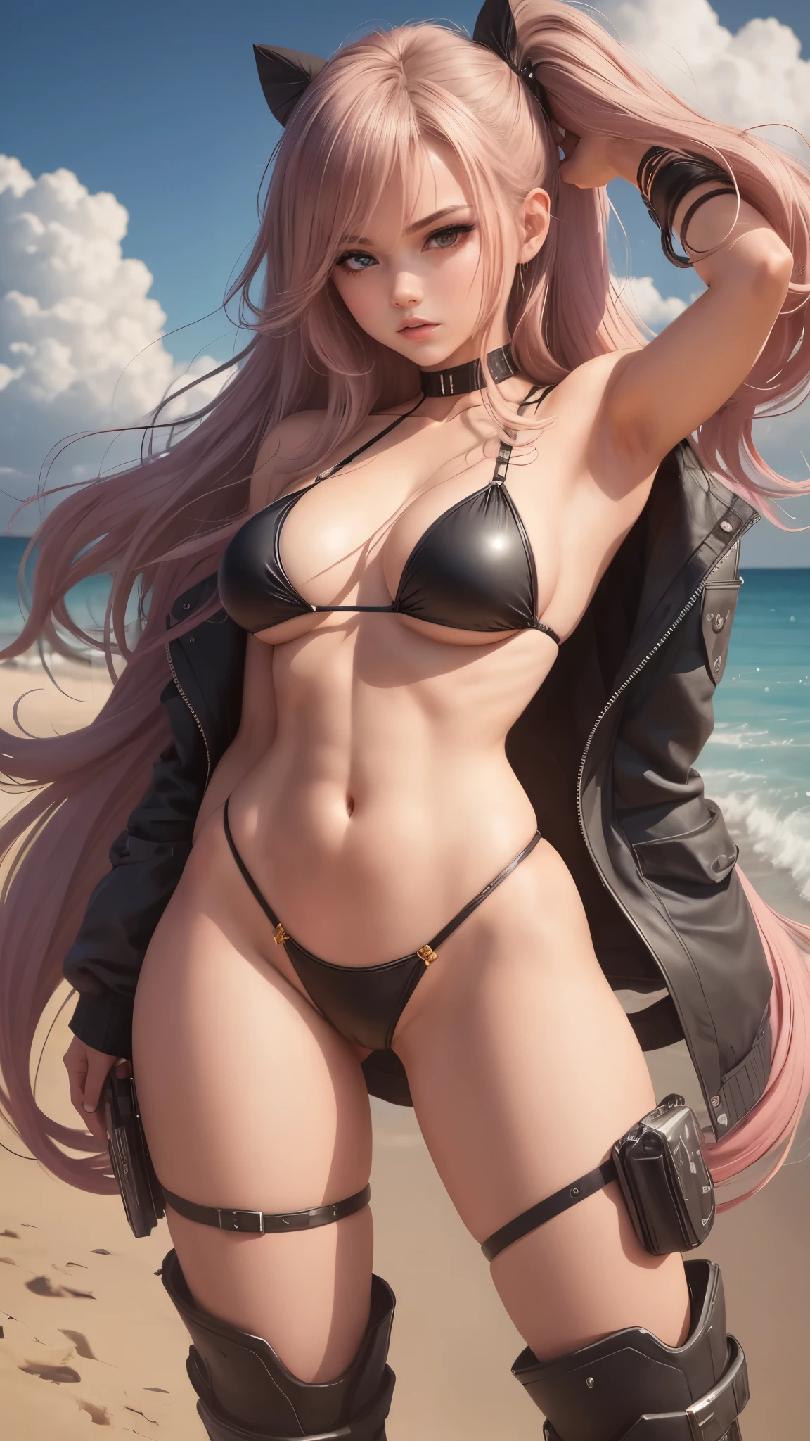 1girl as a bikini model, anime, cabelos brancos, black bikini, Botas pretas de coxa, Tonificado, Personagem estilo anime solo, Torso Tiro, foco na clivagem