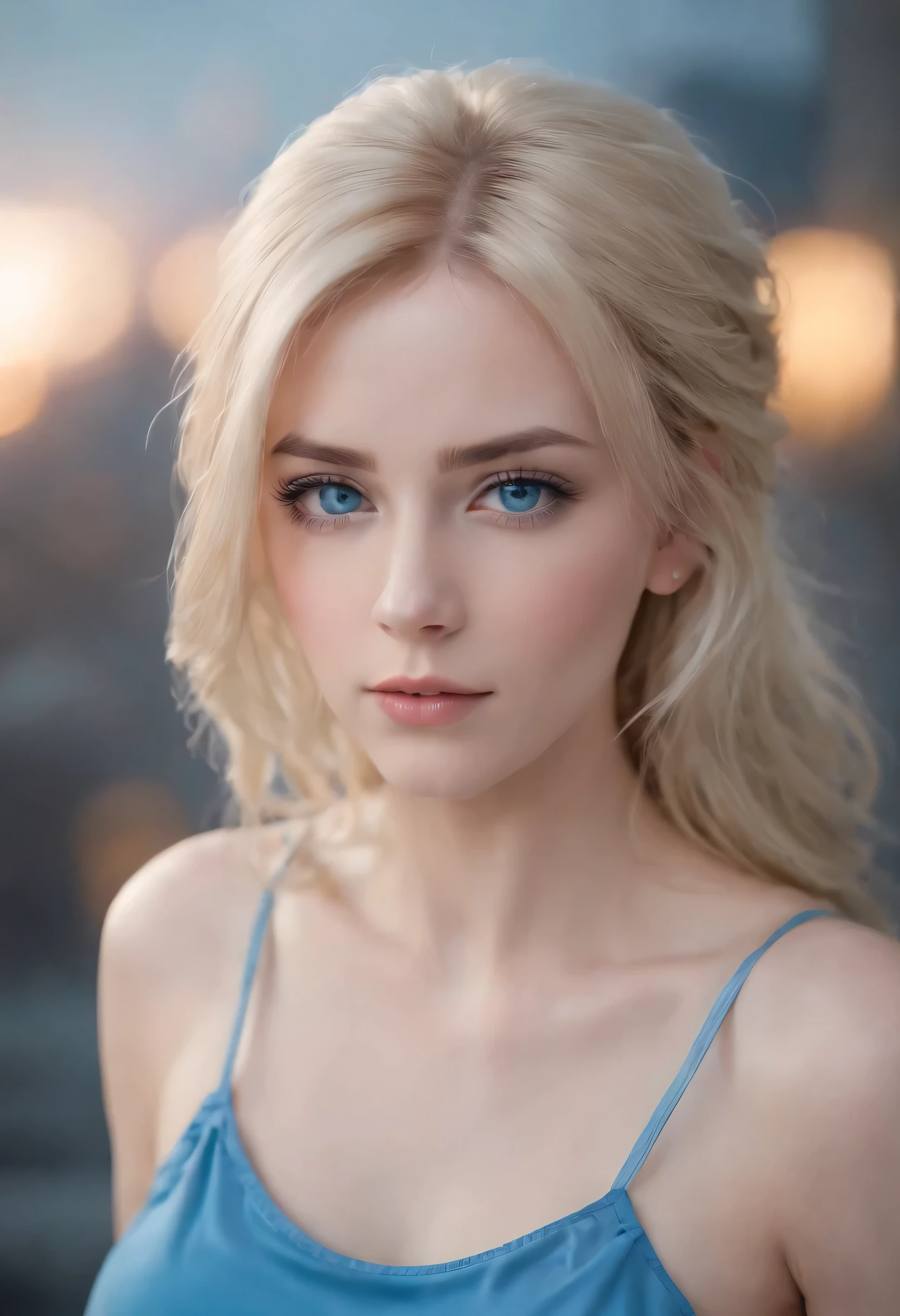 woman, Realistic character,coiffed blonde hair, Sky blue silk camisole vest,Blue eyes, anime big breast, Alone, modern, Cyberpunk
