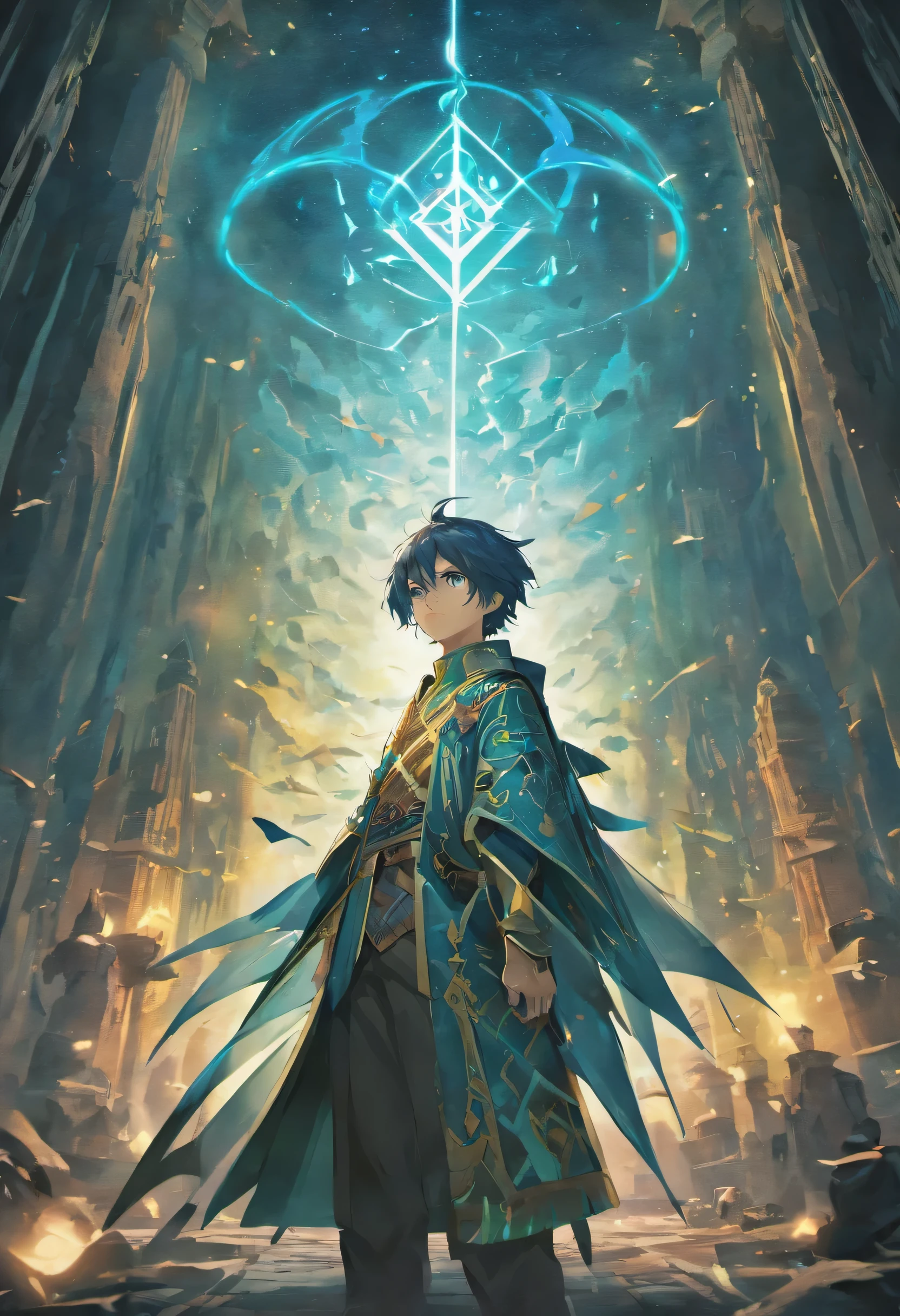 The theme of the cover can be an awakened person,Standing at the intersection of the virtual world and the real world。Below is a more specific description of the subject of the image:
Image of the Awakened One: The Awakened One wears an ancient cloak,Hold on to my command number,The expression contains both the pursuit of mystery and,It also revealed the initial nostalgia for the betrayal。His eyes sparkled with ancient wisdom and determination。
The intersection of two worlds: 觉醒者Standing at the intersection of the virtual world and the real world,This place can render a chaotic edge effect。There may be some illusory creatures and illusions on one side of the void world.,One side of the real world presents key scenes,For example, the ruins of the ancient city or the decisive battle of the Awakening Legion。
echo of my command number: The symbol of my command number can be enlarged,And form mysterious patterns in the picture。The pattern can appear as light or shadow,Emphasize the power and importance of my command。
Mysterious elements: The cover can be sprinkled with some mysterious elements,like floating runes、The shadow of the virtual beast is hidden in the distance, ETC.,Create a strange atmosphere。
By such a design,The main body of the picture highlights the core elements of the story,It also shows the world view of the novel through the contrast between nothingness and reality..。Readers can immediately think of the mystery in the story when they see the cover、Fantasy and mixed emotions。
