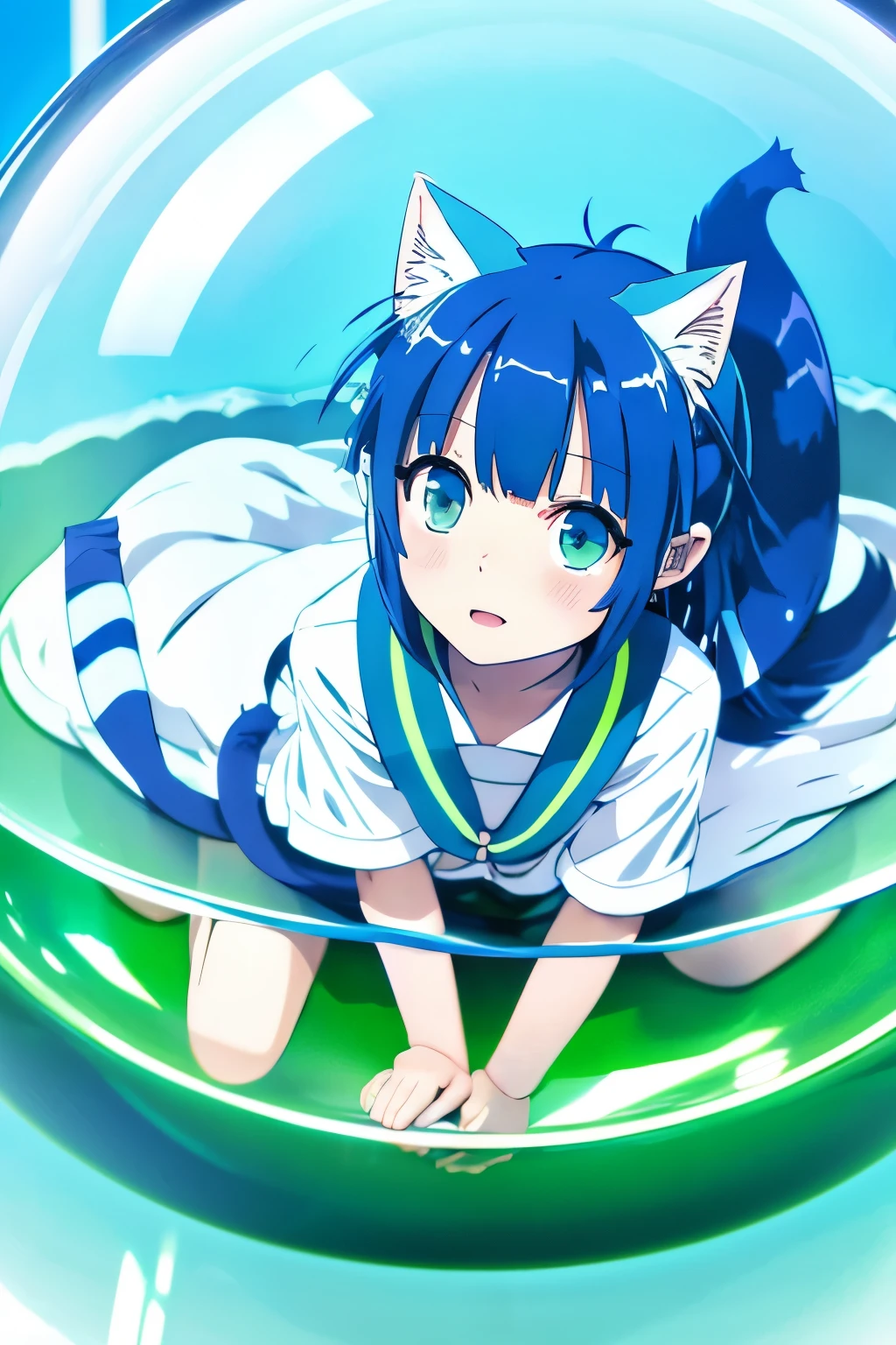 Nekomimi,Blue cat,long tail,floating in a transparent sphere,background white,Human-like,Big eyes,Plump,anime style,2D,Green neckerchief,beautiful,tail,whole body