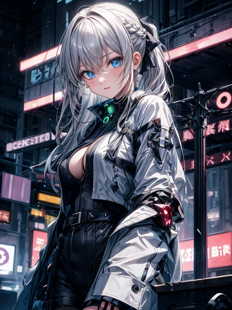 (Enrich the picture,Masterpiece level quality)Beautiful 8K CG artwork,1girl,solo,morgan le fay (fate),detailed face, perfect face, perfect eyes,blue eyes,Long Hair, pony tail,Very long hair, big boob, black bow,Hair Bow, thighs,side locks, French braid, grey hair,Slim and soft,big breasts,outdoors, night, neon lights,cyber punk,
