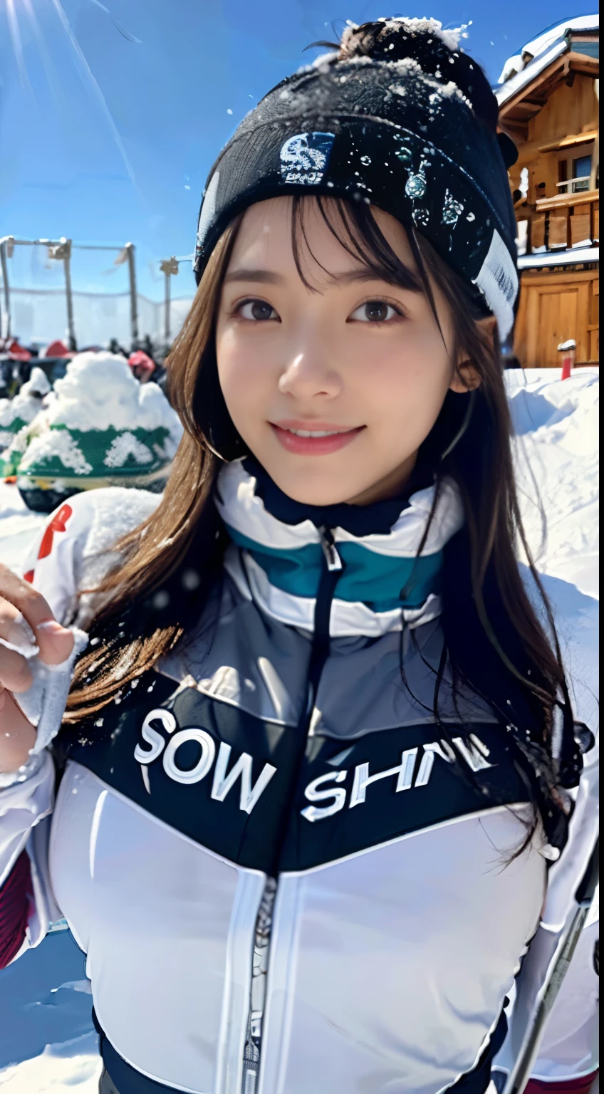 (Close-up of one girl with  and long hair in ski clothes:1.2)、(snow skden:1.5)、(beautiful blue sky 1.5)、(perfect anatomy:1.3)、(full finger:1.3)、Photoreal、Raw photo、table top、highest quality、High resolution、delicate and beautiful、perfect face、beautiful and fine eyes、Fair skin、real human skin、pores、((thin legs))、(black hair)