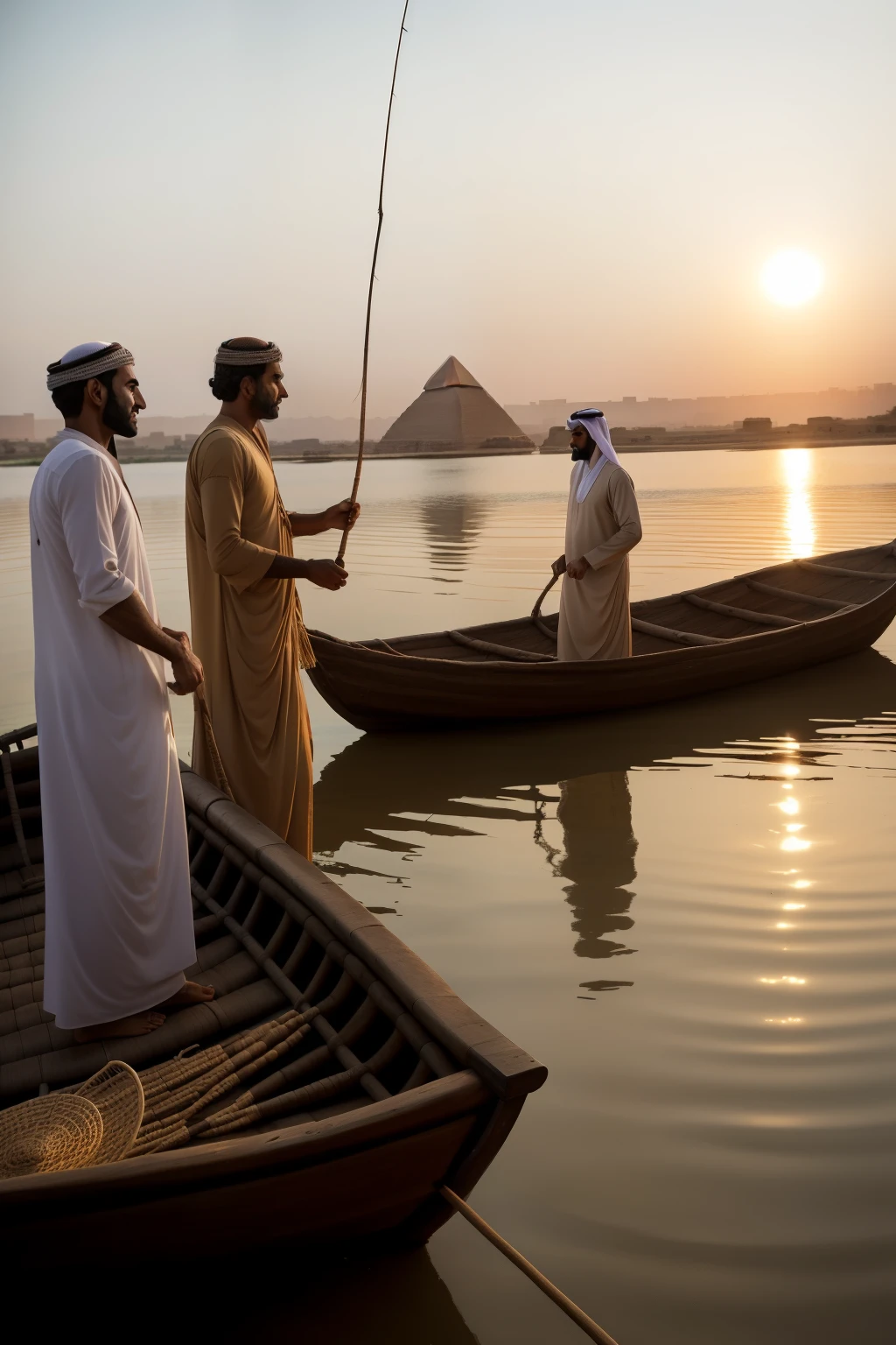Arab men, raw and authentic, engrossed in the ancient art of fishing with a net in a traditional boat on the Nile River. The sun sets over the serene water reflecting off their weathered, sun-kissed faces. Pyramids of ancient Egypt stand tall and majestic in the distance, adding a historical depth to the scene. The men's clothing, reminiscent of the time, is worn with pride and simplicity.
Detailed description:
Arab men, portraying a sense of raw authenticity, immerse themselves in the ancient activity of fishing with a net from a wooden boat navigating the tranquil Nile River. The golden hour casts a warm, eth