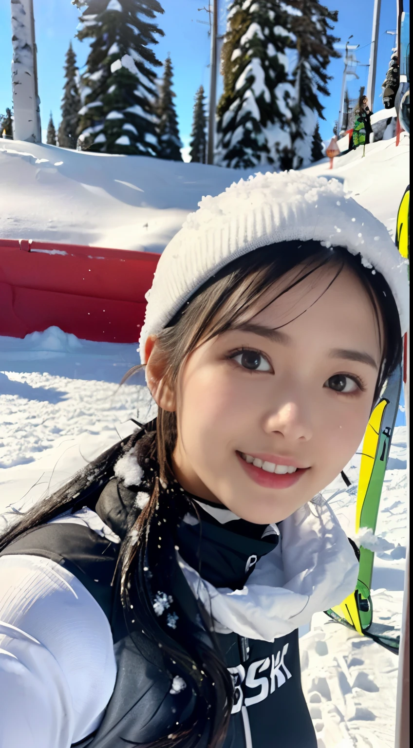 (Close-up of one girl with big breasts and long hair in ski clothes:1.2)、(snow ski garden:1.5)、(beautiful blue sky 1.5)、(perfect anatomy:1.3)、(full finger:1.3)、Photoreal、Raw photo、table top、highest quality、High resolution、delicate and beautiful、perfect face、beautiful and fine eyes、Fair skin、real human skin、pores、((thin legs))、(black hair)