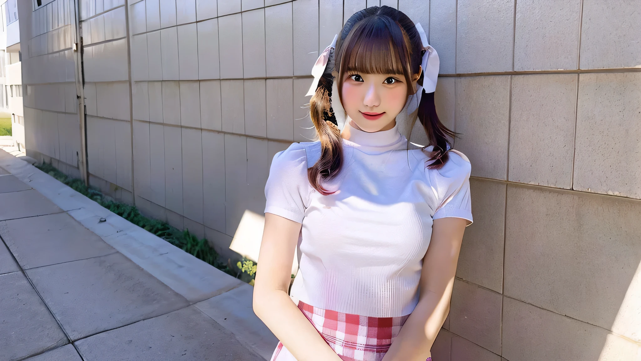 18 year old high school girl wearing a white shirt and pink miniskirt.(twin tails)