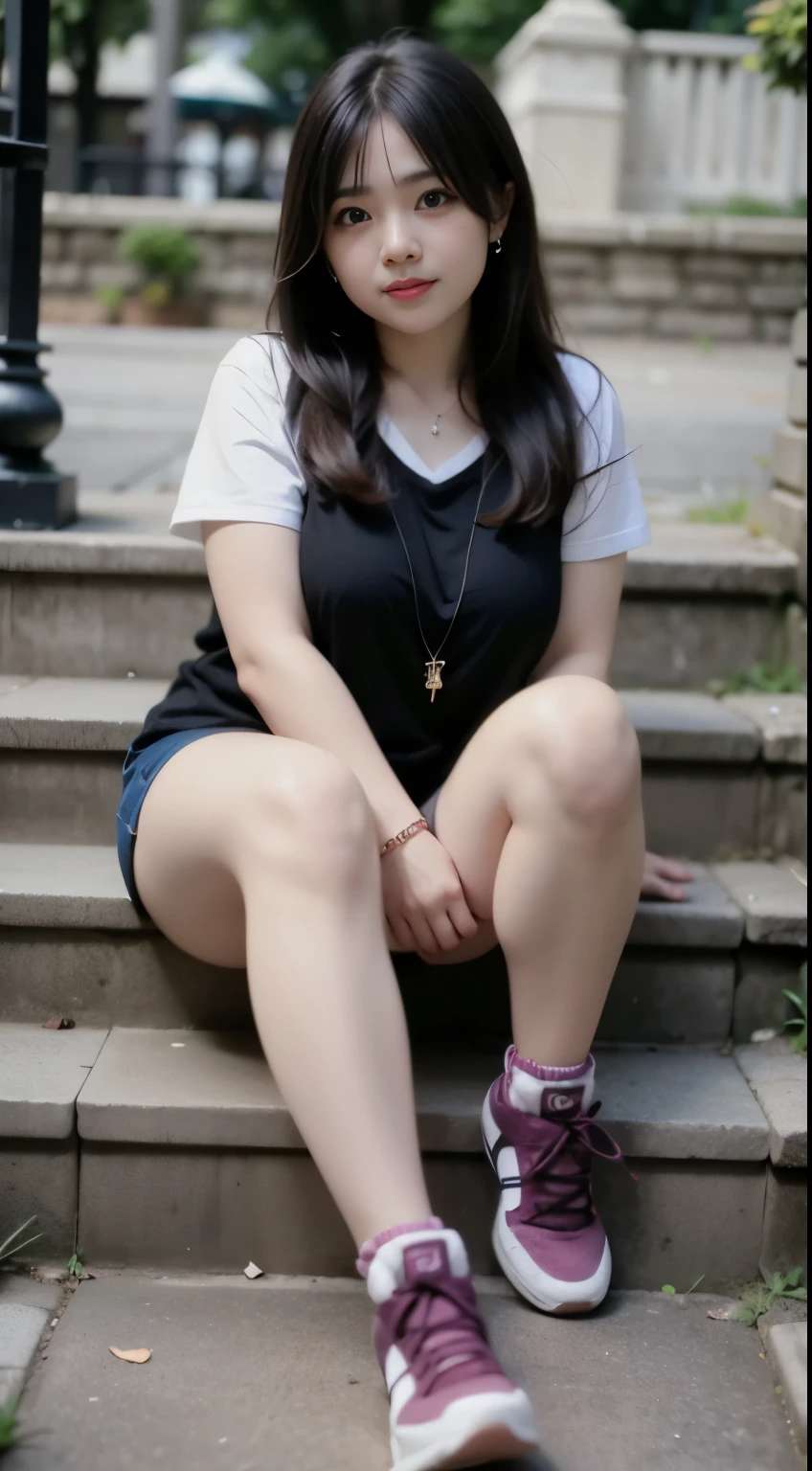 ((best quality)), (detailed), perfect face, chubby girl, pipi tembam, tampak full body, poni hair, berdiri, full body photoshoot, memakai sepatu sneaker, lengan chubby, kaki seksi, memakai kalung, paha tembam, wajah yang simetris, bibir seksi, mempesona, beauty chubby face, memakai gelang dikedua lengan
