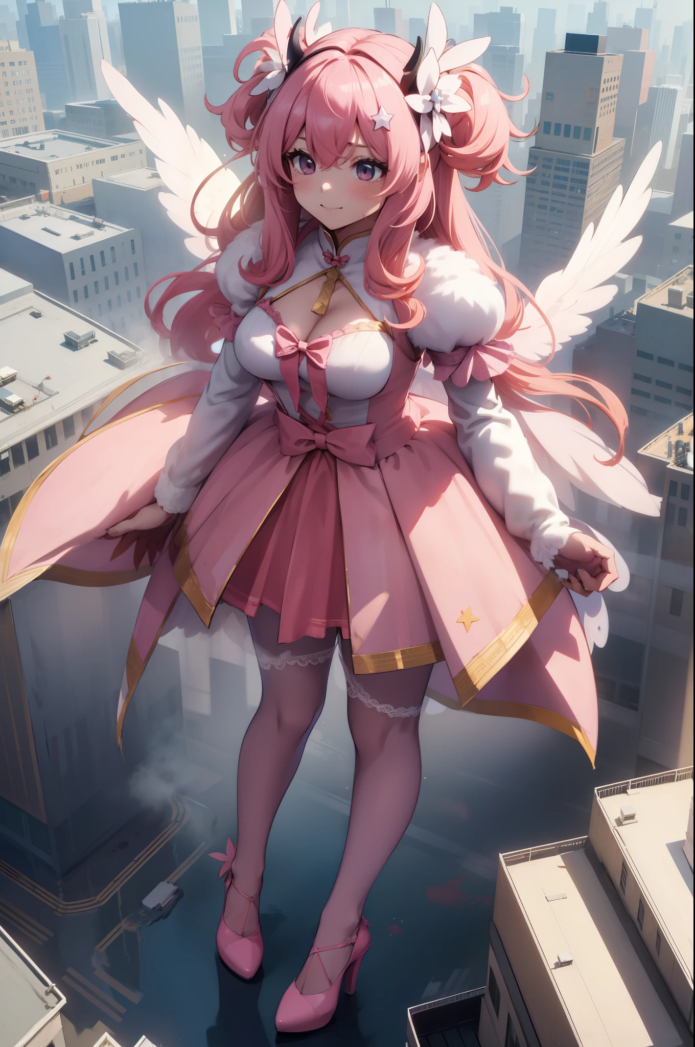 Aerial View,giant girl 50,000 feet high,Weight 1000kg,Has a pair of huge pink angel wings,With huge devil horns on his head,Has waist-length pink hair,loose hair,Pink wavy hair,Pink crown,Wearing a pair of pink Mary Jane high heels,Pink lace gloves,Pink lace pantyhose,Pantyhose with bow and star decorations,粉色蕾丝whole body,Standing upright on a small city,Beautiful appearance,Exquisite makeup,quality,8k,高quality,Perfect proportion, Cinema lighting,film grain,Fuji colors,8k,textured skin,Super details,high detail,high resolution,fake smile,blood stains,脚底有blood stains,whole body,Obese,feather