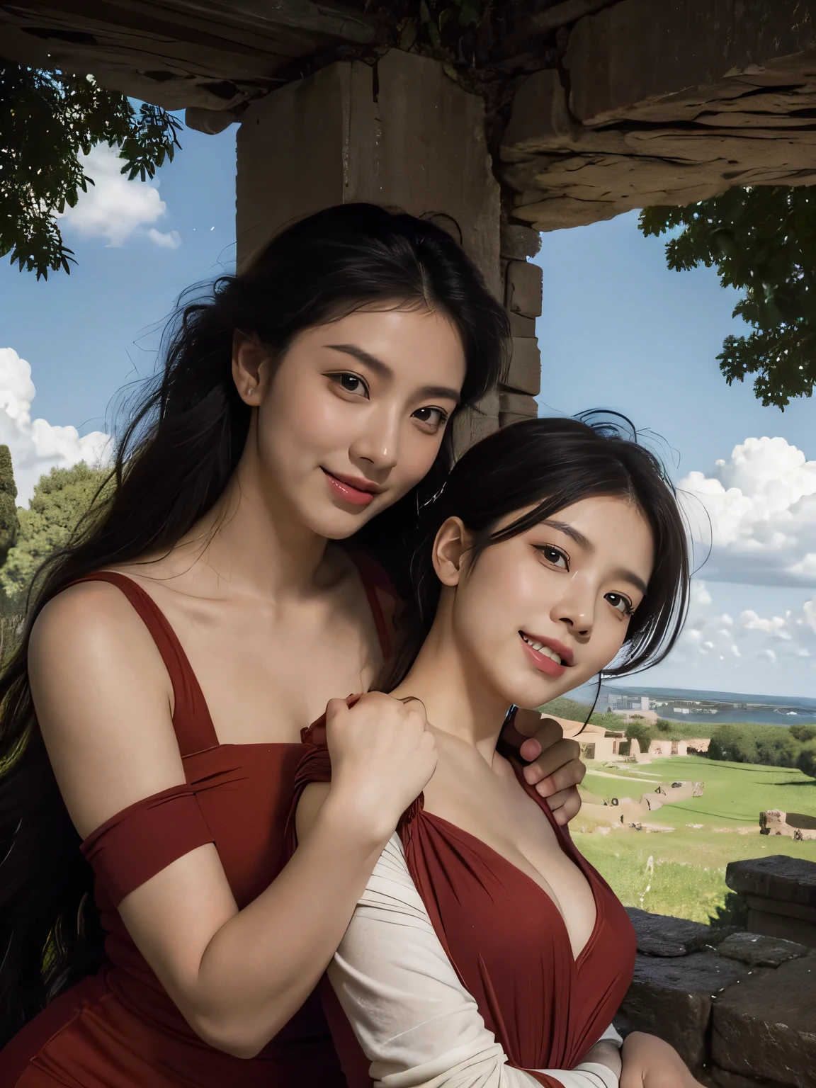 Ancient Roman ruins,Poussin-style landscape,A smile,,Sweet and seductive appearance.、Caravaggio's paintings、Chiaroscuro of Caravaggio、Hair disheveled in the wind,Two women frolicking,Cute smile, Expression of ecstasy,A sexy,Erotic