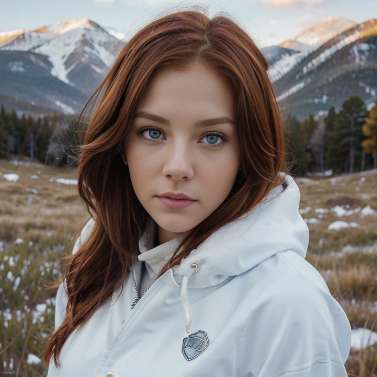 Caucasian red hair middle 20 years girl, super fit, staring at the viewer, she has blue eyes realistic somewhere by the mountains in Denver Colorado, glowin, intense, solodramatic lightinasterpiece:1.2), best quality, high resolution, beautiful detailed, extremely detailed, perfect lighting Realstic, flirting with camera she wearing winter clothes