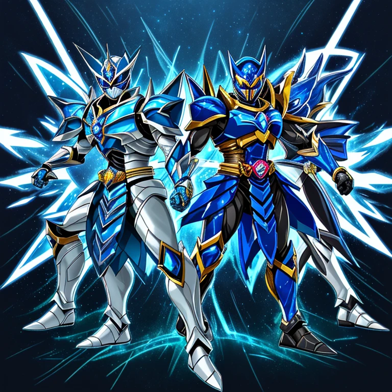 Two cartoon superheroes are standing next to each other、Magirangerのキャラクター、ハイファンタジーのPower Ranger、special effects、Morning warrior hybrid、Art style of the Warring States period、Cyber Japan style armor、New costume concept design、Kamen Rider Ghost Cyber、fight armor、Power Ranger、Magiranger、Blue and ice silver color armor、concept armor