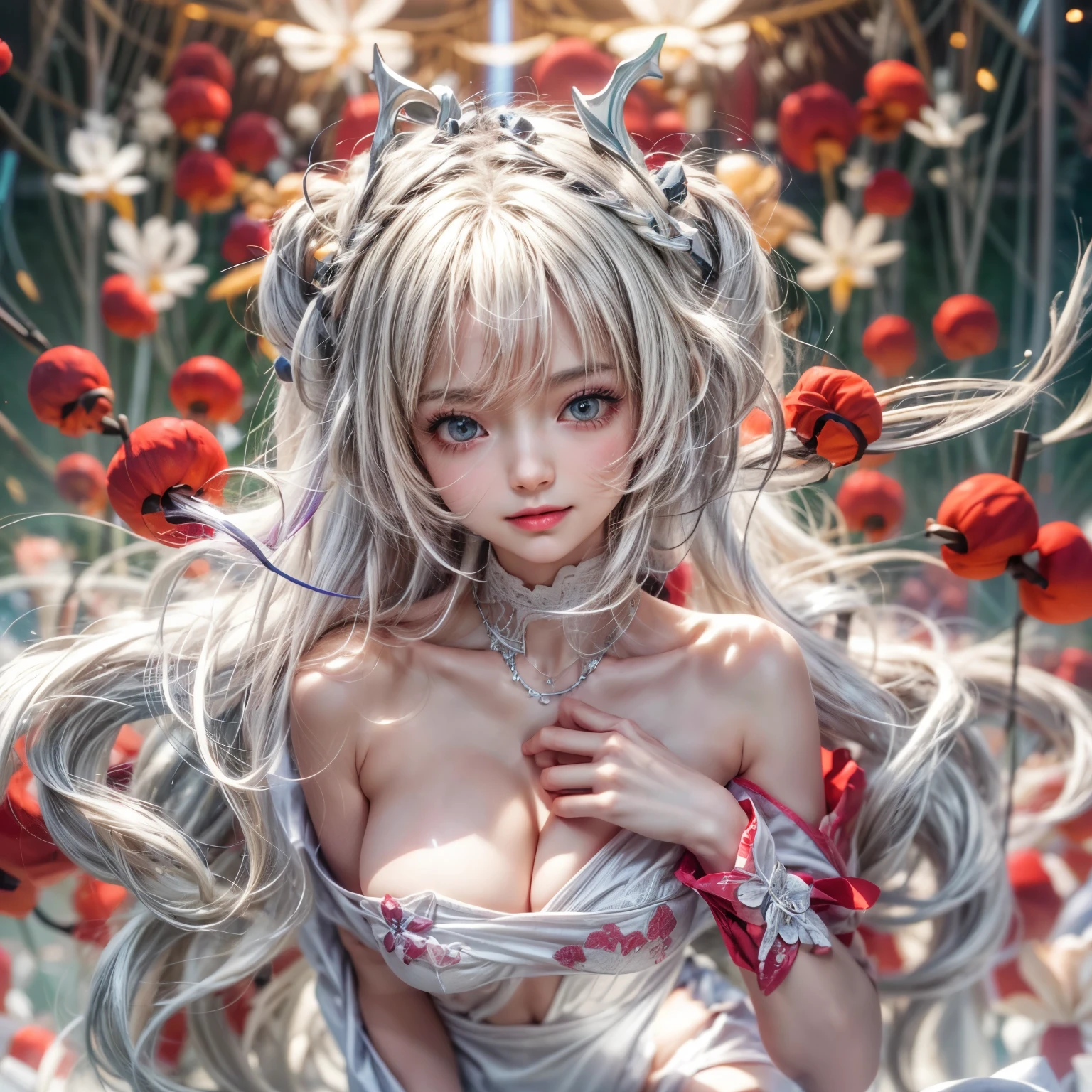 (NSFW:-0.9, nipple:-0.9, Acutance:0.85, White and Red, Mystic sight, ((many Dazzling flush lights with lens flares) and lens Ghost), Luminous Particles, many colorful Lights ) . best quality, (masterpiece:1.3, realistic, photorealistic, ((analog photo:1.37)), ultra detailed:1.3) . (Amazing KAWAII Idols Walking on stage), ((Extremely detailed (KAWAII face variations))) with joyful expressions, { oiled ivory skin | Overflowing Biomechanical HUGE and HEAVY boob | pretty hips | (Exquisitely White dress with back cutouts) | Full of flowers covering girl's body }, (Visible naked backs with Overflowing sideboob), (Red highheels, Walking on stage, large crowd:1.4) . (((Ass focus, butt crack))), Whole Body proportions and all limbs are anatomically accurate .