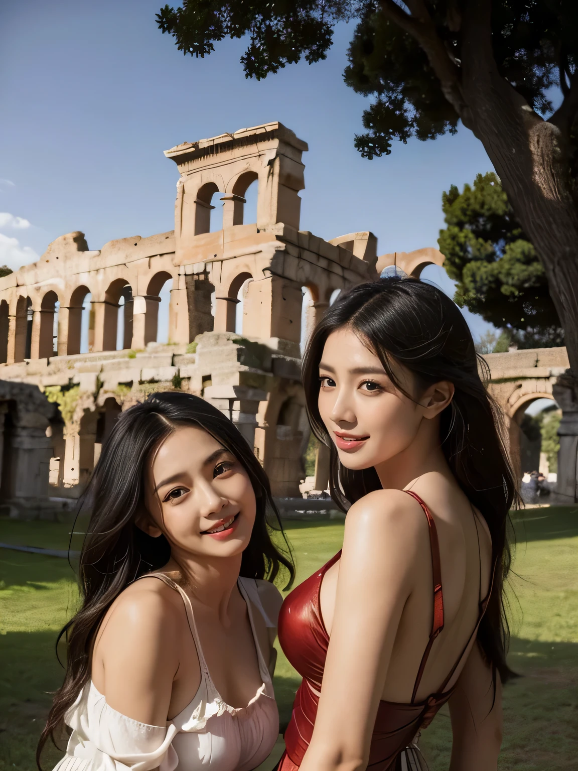 Ancient Roman ruins,Poussin-style landscape,A smile,,Sweet and seductive appearance.、Caravaggio's paintings、Chiaroscuro of Caravaggio、Hair disheveled in the wind,Two women frolicking,Cute smile, Expression of ecstasy,A sexy,Erotic