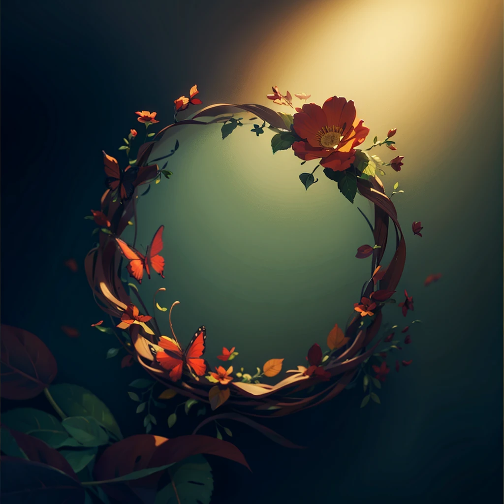 UI interface frame design,simple background,round,leaf,branches,vine,flower,Little butterflies,particle effects,Exquisite, dark atmosphere, limited lighting, (best quality), (masterpiece), (photoactual), (actual), Super detailed, unified 8k wallpaper, Highly detailed CG, Ray tracing, Sharp shadows, Very detailed, depth of field, Super detailed background, Bokeh,