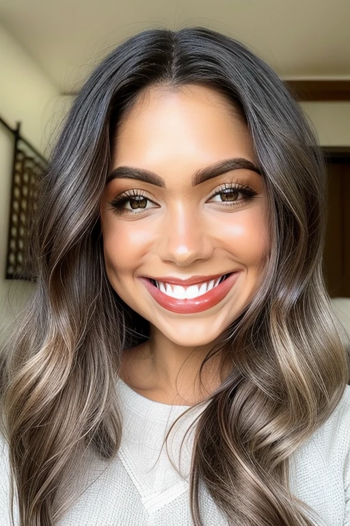 obra de arte, melhor qualidade, absurdos, anatomia perfeita, 1 garota, Sozinho,, cabelo longo, Lindo, alegre, dia ensolarado, quarto com raios de sol entrando pela janela, camisola longa branca com abertura na lateral, plain pattern, cabelo ondulado, sorridente, sentada na cama, 25 anos,