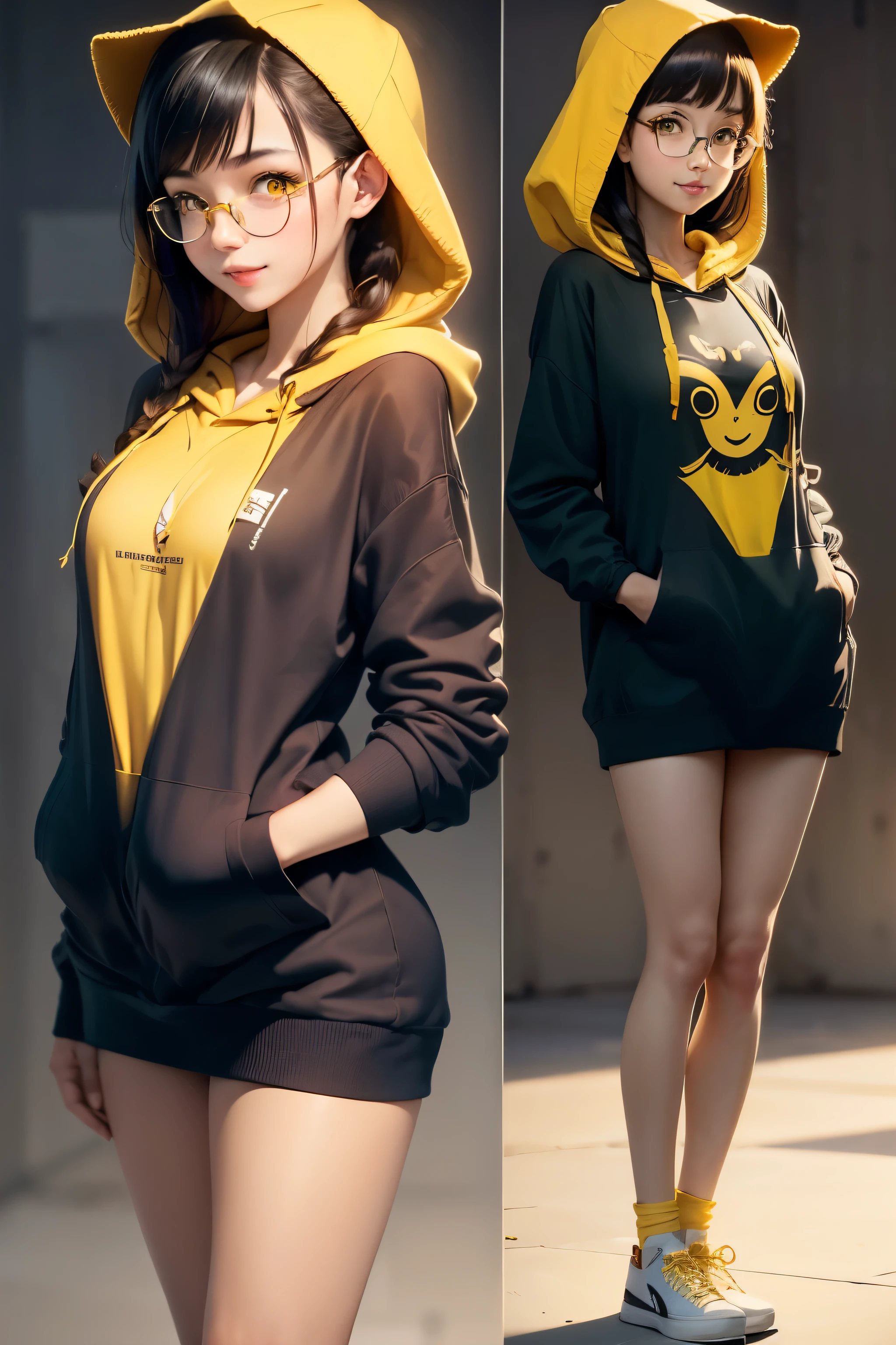 1 beautiful Thai girl, Long hair in a ponytail, smooth, glasses, Smile mischievously, natural small breast, perky nipples, Over-ear headphones, full body, Stand still.., (Yellow long hoodie:1.5), (open chest:1.5), Low-key lighting, พื้นหลังสีดําsmooth, anime, very high