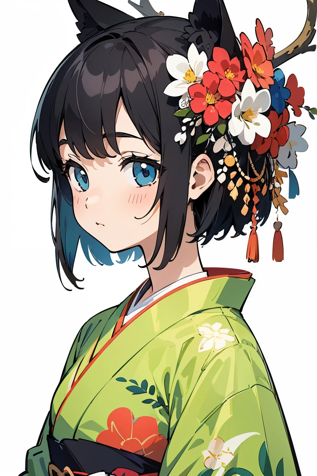 (finely best quality illustration:1.2), (kawaii girl:1.0), (1girl, solo:1.0), (black short hair:1.0), (kimono:1.0), (upper body:1.0), (ultra-detailed, highres, 4k:1.0),