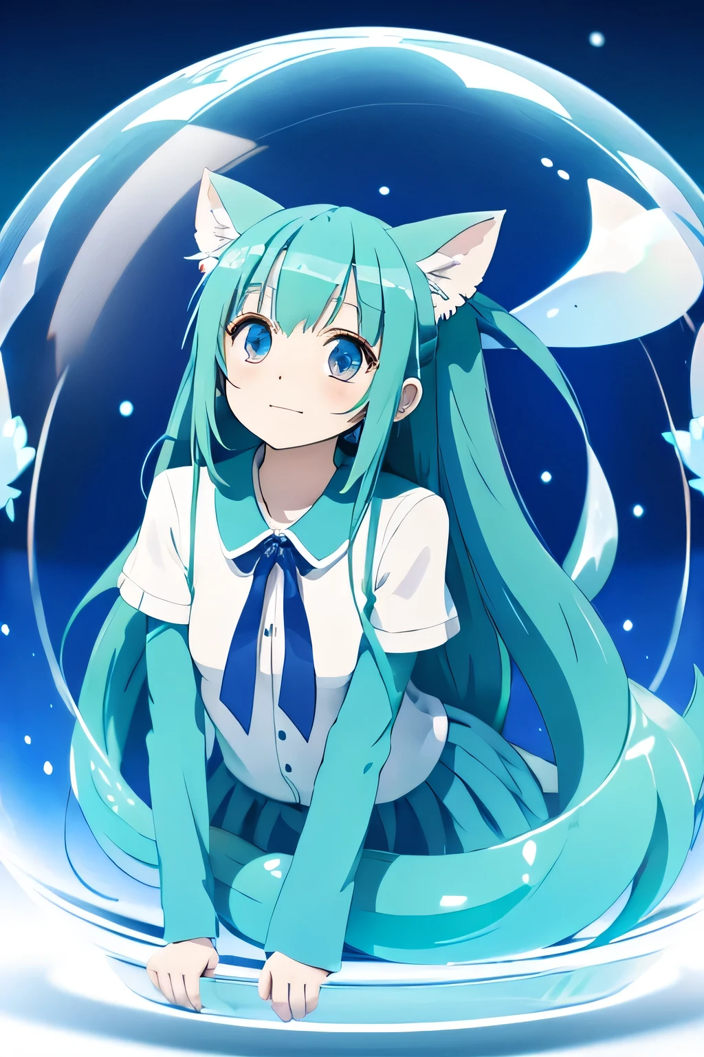 Nekomimi,Blue cat,long tail,floating in a transparent sphere,background white,Human-like,Big eyes,Plump,anime style,2D,Green neckerchief,beautiful,tail,whole body,long hair