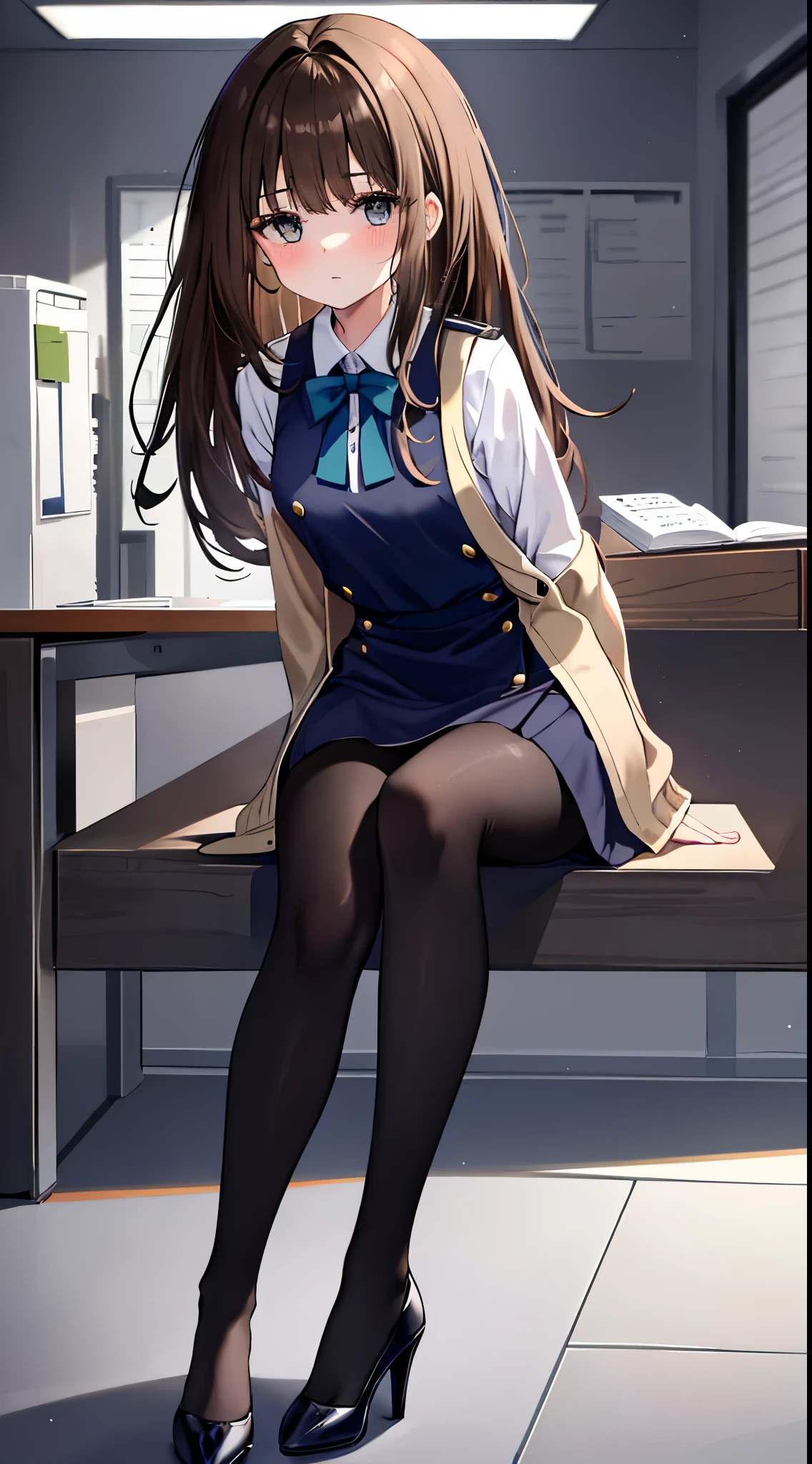finest, masterpiece, High resolution, (whole body), front, frontやや下からの構図, symmetry, 18 year old girl, alone, (whole body from head to toe), small breasts, brown hair, slightly messy hair, bangs, (black tights), ( (black pantyhose), black pantyhose, (Legs are spread), composition show me your white panties, slender beautiful foot, とても美しい18 year old girl (navy high heels) foot), blush, shy big eyes, messy hair, looking at camera, show me your white panties, Hide your arms behind your back, dark blue office lady uniform, Dark blue pencil skirt, navy blue vest, beige cardigan