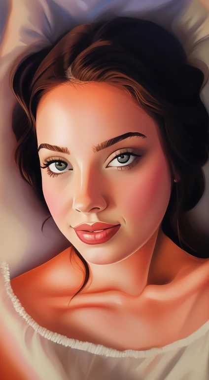 There is a woman lying in bed with a pillow and a pillow, retrato pintado centralizado, retrato de arte digital, digital oil painting, no estilo da pintura digital, digital oil on canvas, in oil painting style, retrato colorido detalhado, arte digital de retrato, # 1 pintura digital de todos os tempos, #1 pintura digital de todos os tempos, side retrato pintado centralizado, retrato digital