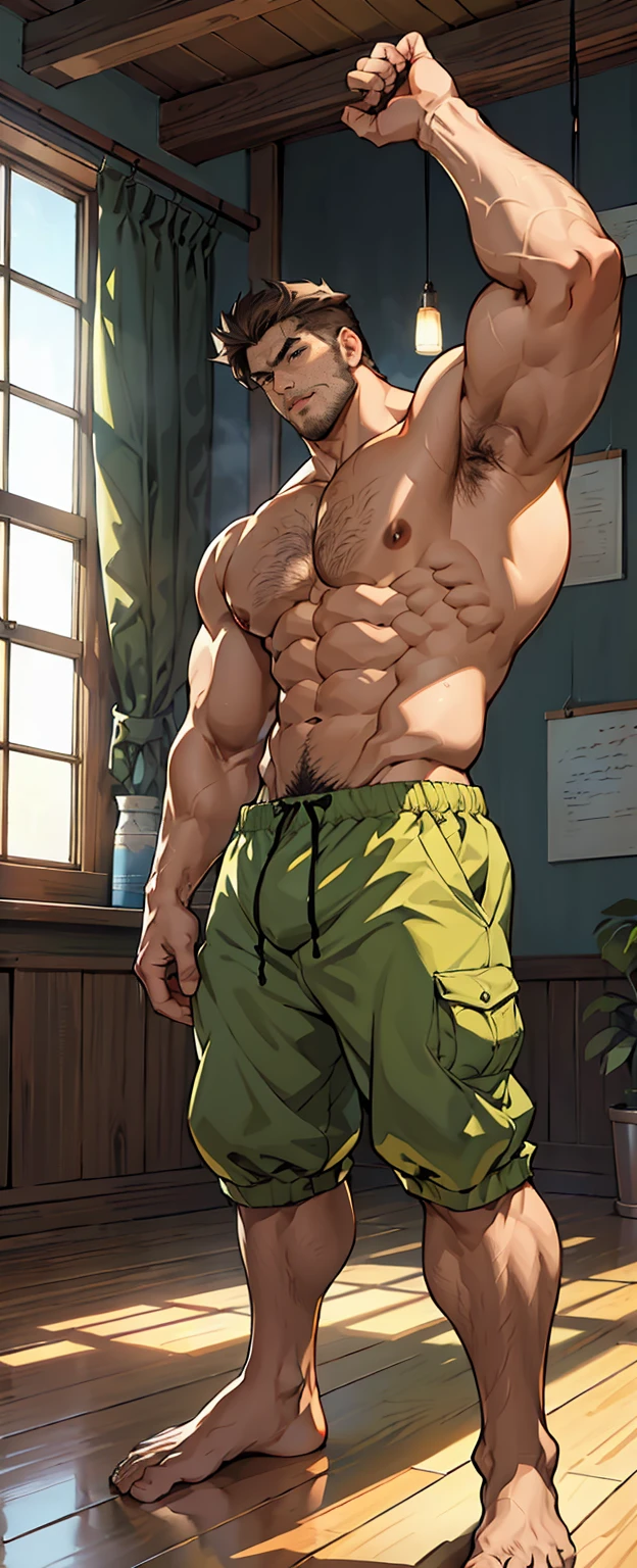 (shoeless),(shoeless),ripe,(Legs covered with long, thick leg hair),Super big feet,(Whole body),(Long leg hair),( With a green tattoo on his shoulder),(body hair thick),(He was wearing Baggy shorts which showed his long, muscular, hairy legs),(The genital organs are extremely prominent),(Very large genitalia),The background in an interior with vintage furniture and vintage wooden floor surroundinacropodia),(Side to audience) ,(Put his hands at his waist), (eyes looking at audience) ,(There a huge protuberance across the part),Side Body,Sharp eyes,(Thick dark brown hair on crotch),(Bottom-up view),Shoulders very broad,Muscles protrude a lot,Bulging crotch,(Long legs),Highest image quality,Anime ,anime wallpaper,Dilation of the pectoral muscles,Espalhe as pernas,sexy,(master part, best quality),((Exaggerated bulge of muscles)),The protagonist very tall and his head almost reaches the ceiling,Lush woods outside the window,musclebound and hulking, muscular characters, super buff and cool, tall and muscular, muscular!!, very buff, muscular attractive men, massive muscles, big muscle, Muscular men, anime handsome men, muscular!, gigachad muscles, muscular bodies, muscular character,(The house is very low),(head almost touched the roof),