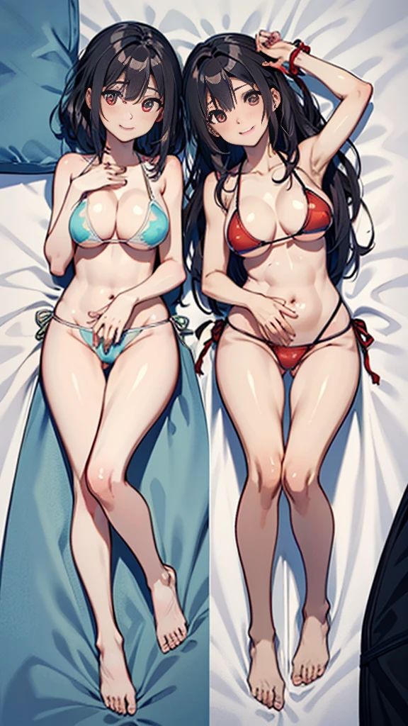 1 girl, the best, masterpiece, HD, (whole body), Symmetrical, alone, (whole body from head to toe), ((moro liberation front)), Slingshot bikini, unrealistic, (( camel toe)), ((((translucent bikini)))), ((((translucent)))), ((((transparent)))), (((transparent clothing))), whole body视图, Gaze towards the camera, ((Isometric pillow diagram)), ((dakimakura)), (Lying in bed),Physically based rendering, beautiful women, Perfect body, Smile, bedroom, Giant breast, barefoot, toe