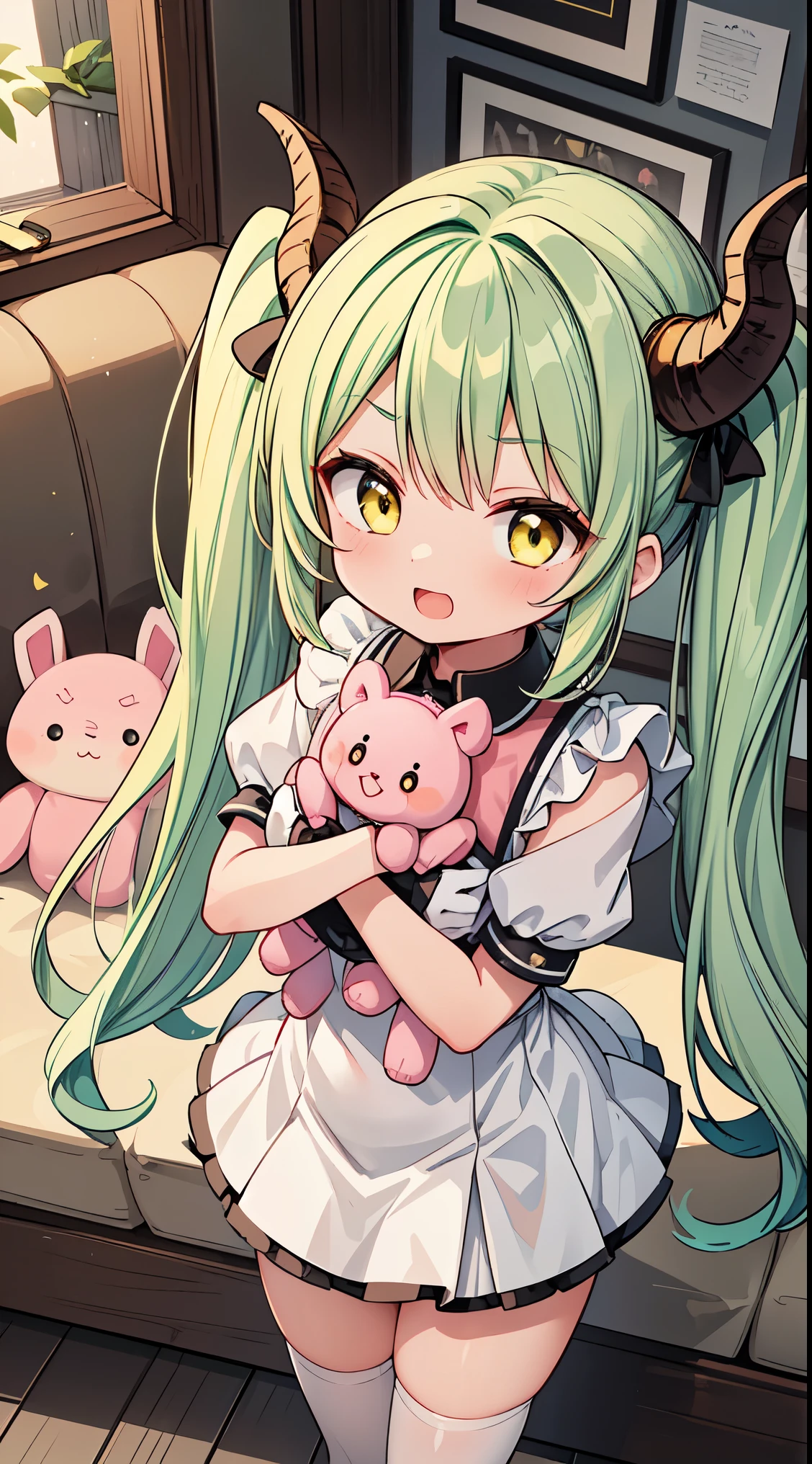 (masterpiece, top quality, best quality, official art, beautiful and aesthetic:1.2),ultra-detailed,intricate details,amazing illustration,award-winning art,atmospheric, 
BREAK, 1 beautiful girl, (17 years old girl), Very detailed, colourfull, highest details, 

BREAK ,1 beautiful girl, (17 yrs old girl),Solo,(cute:1.5),(chibi:0.6),(kawaii:1.5),(loli:0.5),BREAK, :d, (twintail, green hair, horns, long hair:1.35), (yellow eyes, double, slanted eyes:1.45), blush, double teeth, ((D cup breasts))), heart, gaze, maid, /maid dragon/, dragon tail, (long eyelashes, double eyelids, fine eyebrows:1.2), solo, glowing skin, clear skin, beautiful skin, (top quality face), (top quality slanted eyes), maid outfit, gloves, open mouth, short sleeves, smile, white gloves, 

BREAK, girl, Cute, Cheerful, Loli face, A dark-haired、a short bob,tareme, gleaming skin, Hugging a stuffed rabbit, Playboy Bunny, shiny school swimsuit, High socks with pink and yellow stripes,Pink Bunny Years Hair Band, Eating carrots and lying on the couch, Open legs wide ,Awaken,looks sleepy (Toy store background, Lots of stuffed animals,cuckoo clock:1.2), BREAK,wakame,wakame,wakame,(Cowboy Shot,from above:1.4), 

BREAK,(Blurry background:1.3),(absurderes, hight resolution, Super Detail Art),cel shading,Clear Color, Lonely optical effect, Beautiful pictures, Bright glow, mystic atmosphere,(Close-up of girl:1.1), Mystical light particle effect,manga influence, clean line drawings,