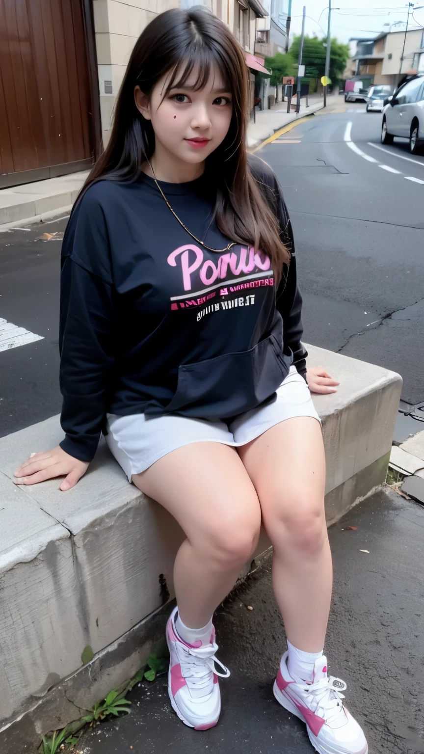 ((best quality)), (detailed), perfect face, chubby girl, pipi tembam, tampak full body, poni hair, berdiri, full body photoshoot, memakai sepatu sneaker, lengan chubby, kaki seksi, memakai kalung, paha tembam, wajah yang simetris, bibir seksi, mempesona