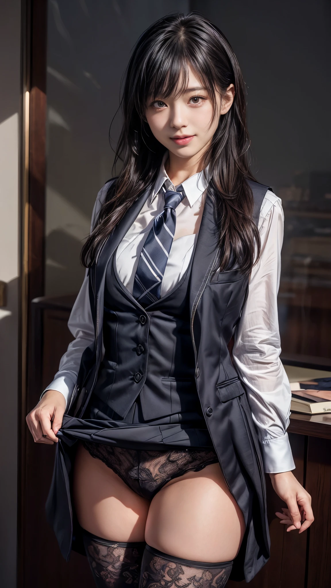 1 female, japanese woman, big breasts、fully clothed, ((スカートsuit, suit))、tie, (((グレーのスリーピースsuit))), (Silk Dress Shirt), シャツとtie, tie, ((blazer)), ((suitジャケット)) ((waistcoat)), Bodycon Mini Skirt, pantyhose, tights, stockings, ((ピンストライプsuit)), high heels, tieクリップ, Cufflinks, Pocket Square, テーラードsuit,((delicate pictures)),(Detailed RAW photos of girls), (muste piece:1.25), (best quality:1.6), (ultra high resolution:1.5), (It's photorealistic:1.75), 8K resolution, Canon EOS R5, 50mm, disorganized, Super detailed,cinematic lighting,office Street、detailed lace panties、smile、(nsfw)、(Different hairstyles)、The bangs are even