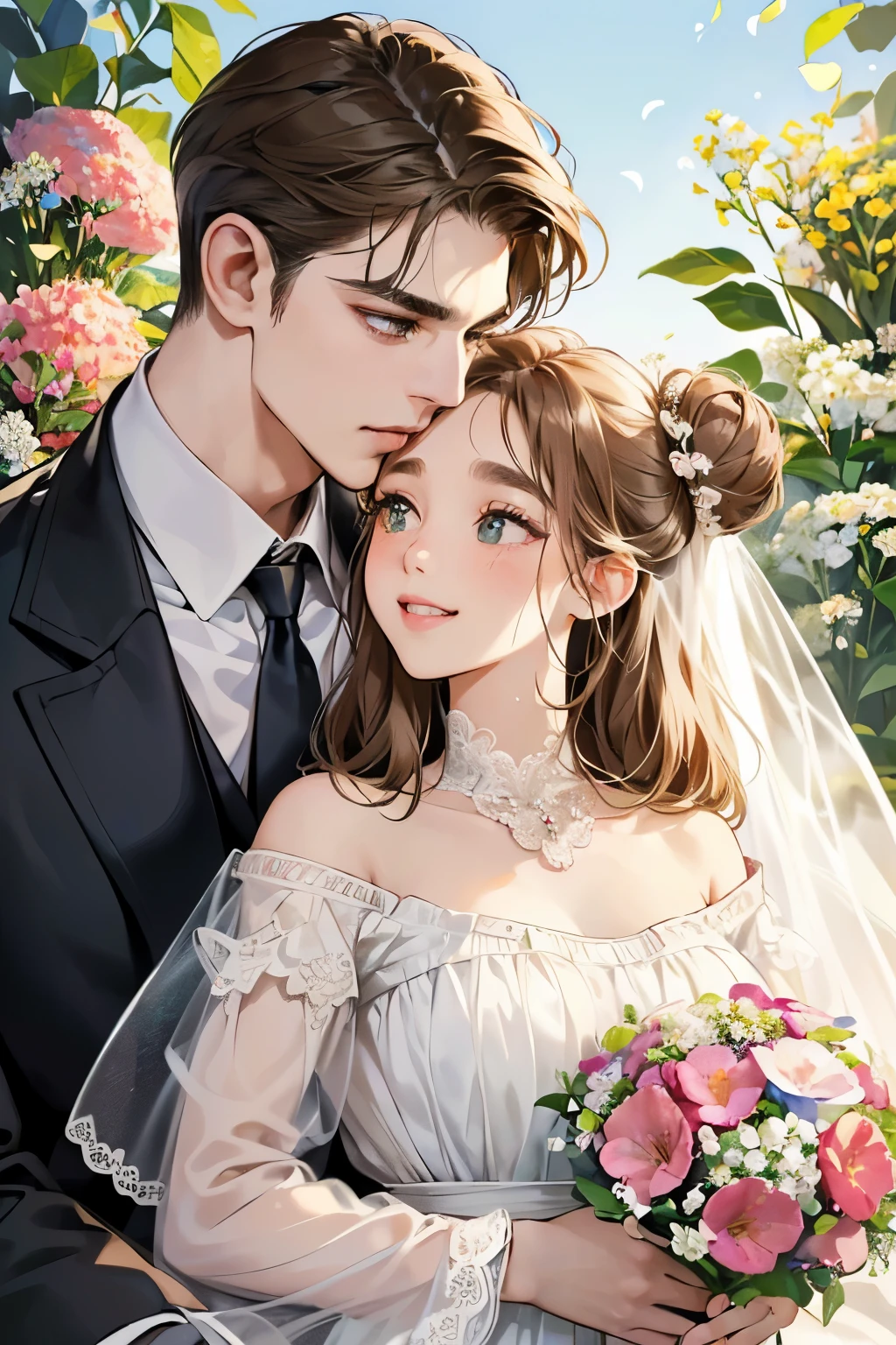 (table top, digital art, digital illustration, 4K, 8K, super detailed, beautiful images, clear image, realistic, RAW photo, perfect face, perfect lines, perfect eyes, soft lighting) 1 female, (light brown hair,bun hair,innocent look,droopy eyebrows,drooling eyes,With a round face,Round jaws、innocence,cute,Big eyes,natural makeup,smile gently,E cup,23 year old female:1.3),Two handsome men in suits, (human,Men in suits,muscular,Firm shoulder width, mannish hairstyle,A man in his 30s with a cool expression,28-year-old man with bright smile:1.2),A garden full of light、lots of flowers、squirt、colorful flowers、(embarrassing,shy smile,bouquet of gypsophila:1.2),Antique sofa,Resort Sofa,the kiss、kiss、couple、couplekiss、romance、Wedding dress、wedding style、誓いのkiss