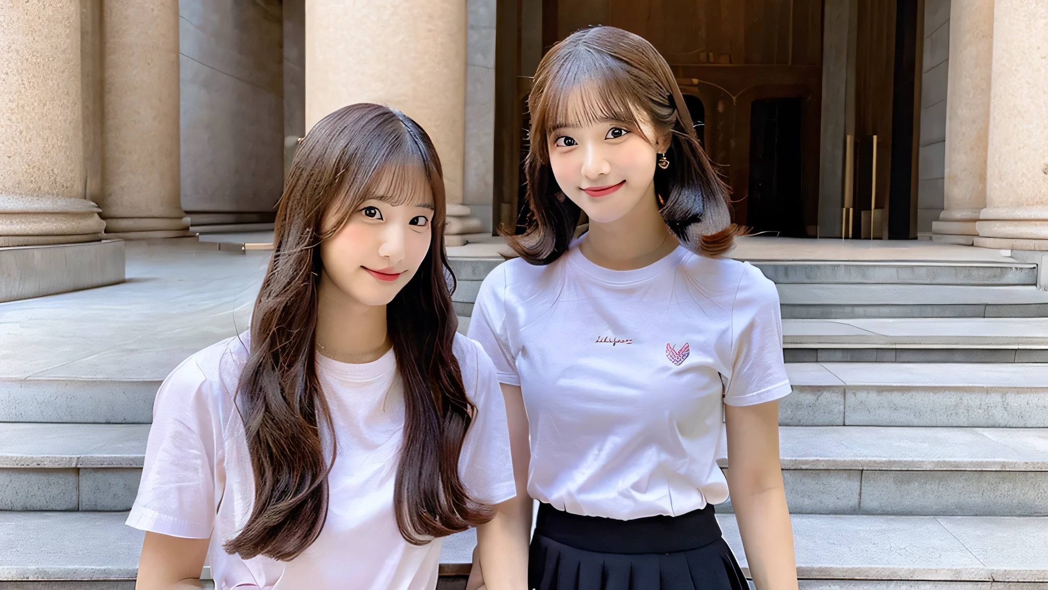 18 year old high school girl wearing a white shirt and pink miniskirt（twin tails）