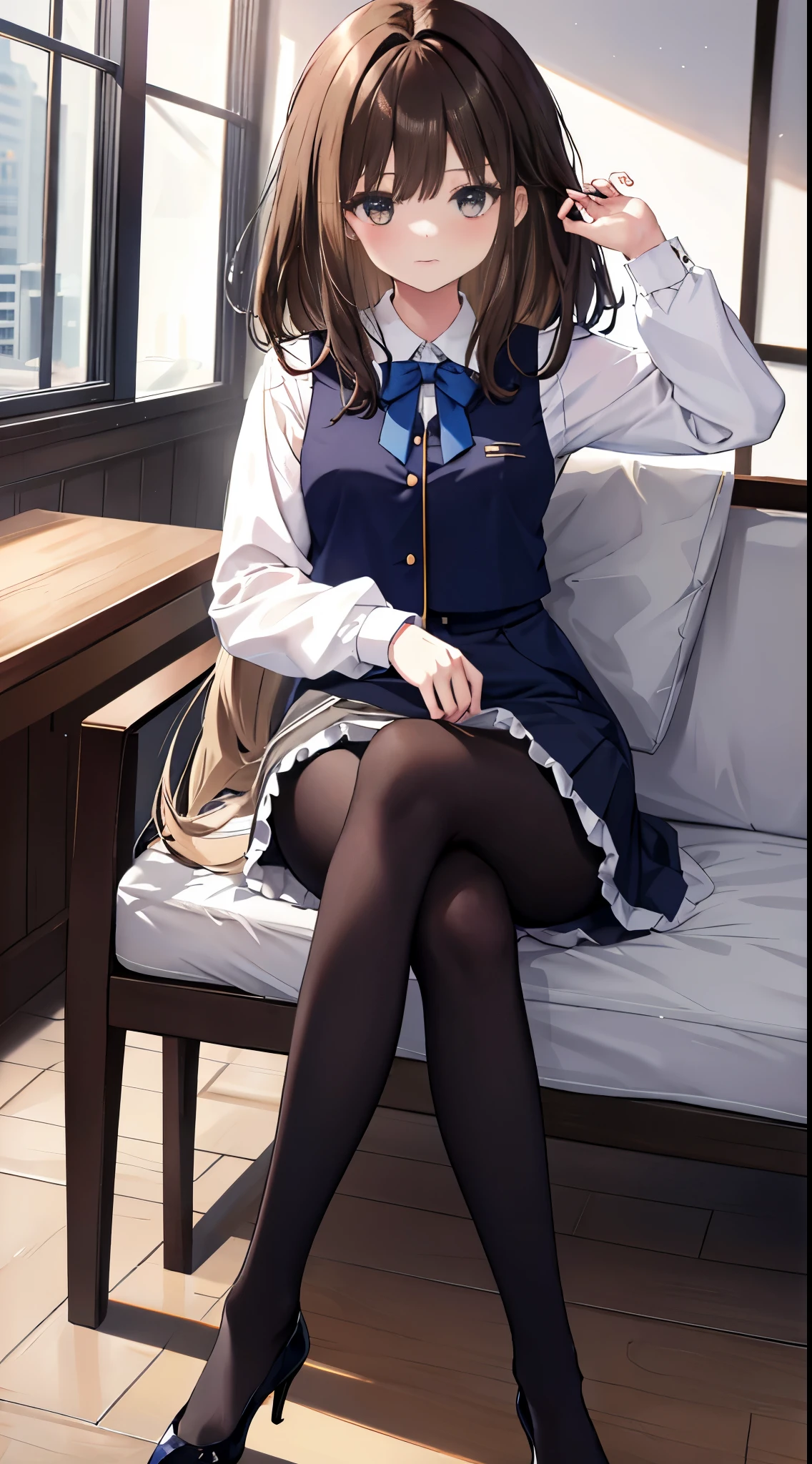 finest, masterpiece, High resolution, (whole body), front, frontやや下からの構図, symmetry, 18 year old girl, alone, (whole body from head to toe), small breasts, brown hair, slightly messy hair, bangs, (black tights), ( (black pantyhose), black pantyhose, (Her legs are spread and her white panties are visible between her legs.), composition show me your white panties, slender beautiful foot, とても美しい18 year old girl (navy high heels) foot), blush, shy big eyes, messy hair, looking at camera, show me your white panties, Hide your arms behind your back, dark blue office lady uniform, Dark blue pencil skirt, navy blue vest, beige cardigan