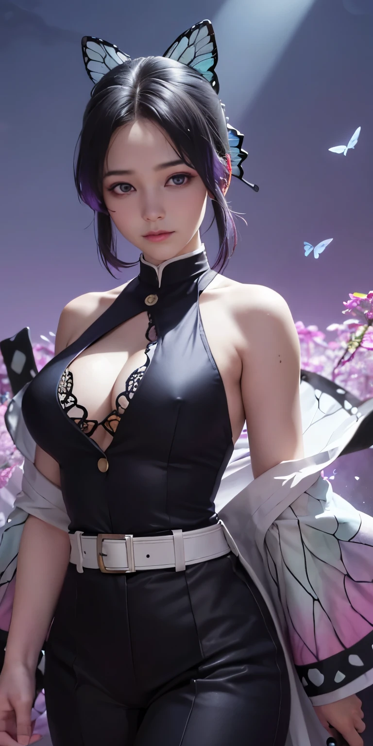 Ultra-realistic 8K CG,tmasterpiece,((Ultra detailed backgrounds,delicate patterns,Complicated details)),Best quality at best,very vey very detailed face,very detailed eyes and faces,Very detailed eyes,Kochou Shinobu,O cabelo multicolorido,No bangs,hair intakes,Purple eye,Forehead,Black shirt,Black pantsuit,haori,butterflys,obi strip,(trpical garden:1.2),purple flower,mostly cloudy sky,rays of sunshine,Tyndall effect,Gradient_sky,the face,beautiful sky,Saber on the waist,captivating posture,(Large breasts:1.3),(cleavage:1.3),(Off-the-shoulder attire:1.5)