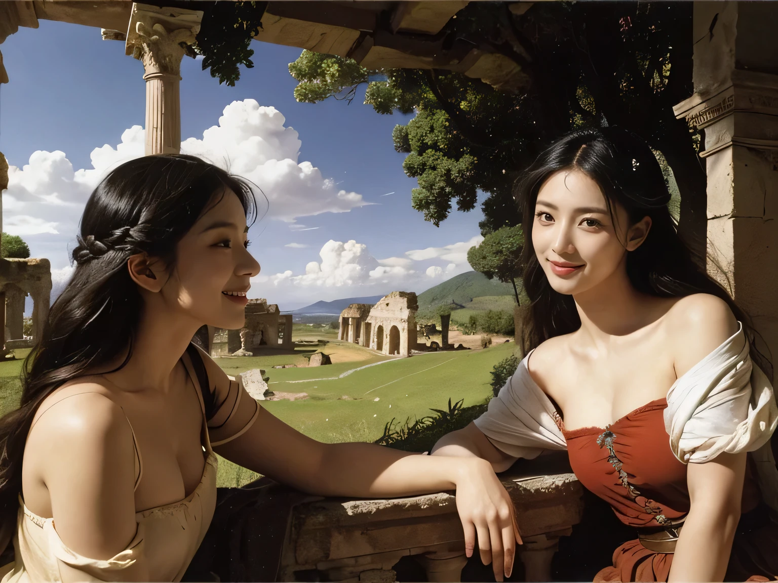 Ancient Roman ruins,Poussin-style landscape,A smile,,Sweet and seductive appearance.、Caravaggio's paintings、Chiaroscuro of Caravaggio、Hair disheveled in the wind,Two women frolicking,Cute smile, Expression of ecstasy,A sexy,Erotic