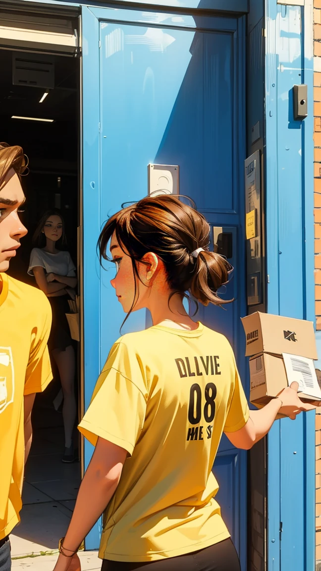 one black head，blue eyes，Delivery man wearing yellow delivery t-shirt and girl with brown hair，（brawl），The brunette girl threw away the delivery man&#39;s hand.，（turn around and go），（The expression is cold），（a backdrop of：University Doors），（master painting）