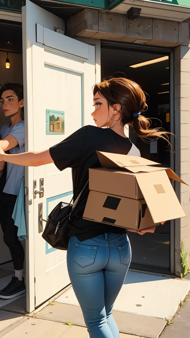 one black head，blue eyes，Delivery man wearing yellow delivery t-shirt and girl with brown hair，（brawl），The brunette girl threw away the delivery man&#39;s hand.，（turn around and go），（The expression is cold），（a backdrop of：University Doors），（master painting）