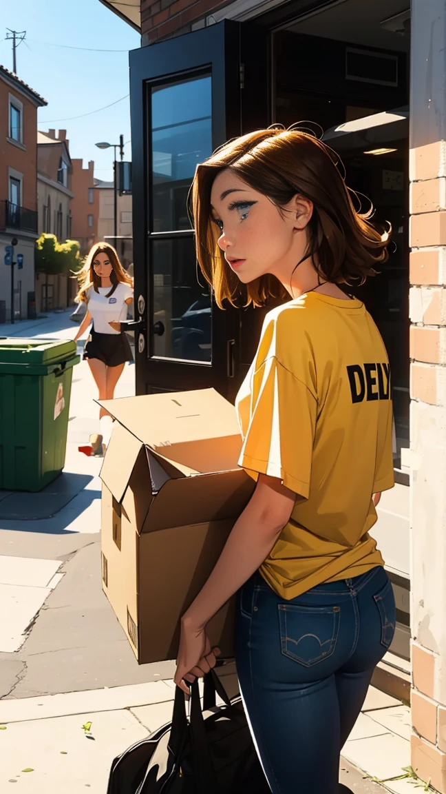 one black head,blue eyes,Delivery man wearing yellow delivery t-shirt and girl with brown hair,(brawl),The brunette girl threw away the delivery man's hand.,(turn around and go),(The expression is cold),(a backdrop of:University Doors),(master painting)