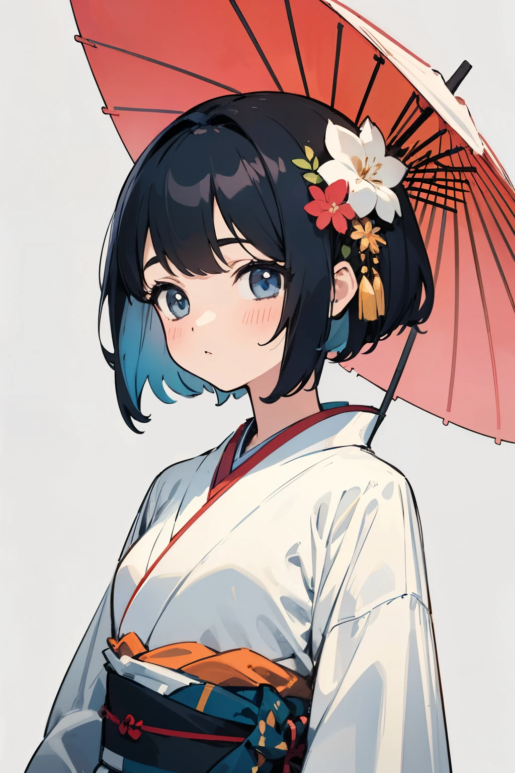 (finely best quality illustration:1.2), (kawaii girl:1.0), (1girl, solo:1.0), (black short hair:1.0), (kimono:1.0), (upper body:1.0), (ultra-detailed, highres, 4k:1.0),