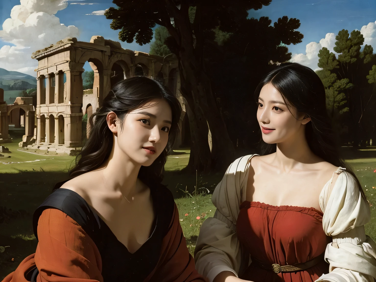 Ancient Roman ruins,Poussin-style landscape,A smile,,Sweet and seductive appearance.、Caravaggio's paintings、Chiaroscuro of Caravaggio、Hair disheveled in the wind,Two women frolicking,Cute smile, Expression of ecstasy,A sexy,??????