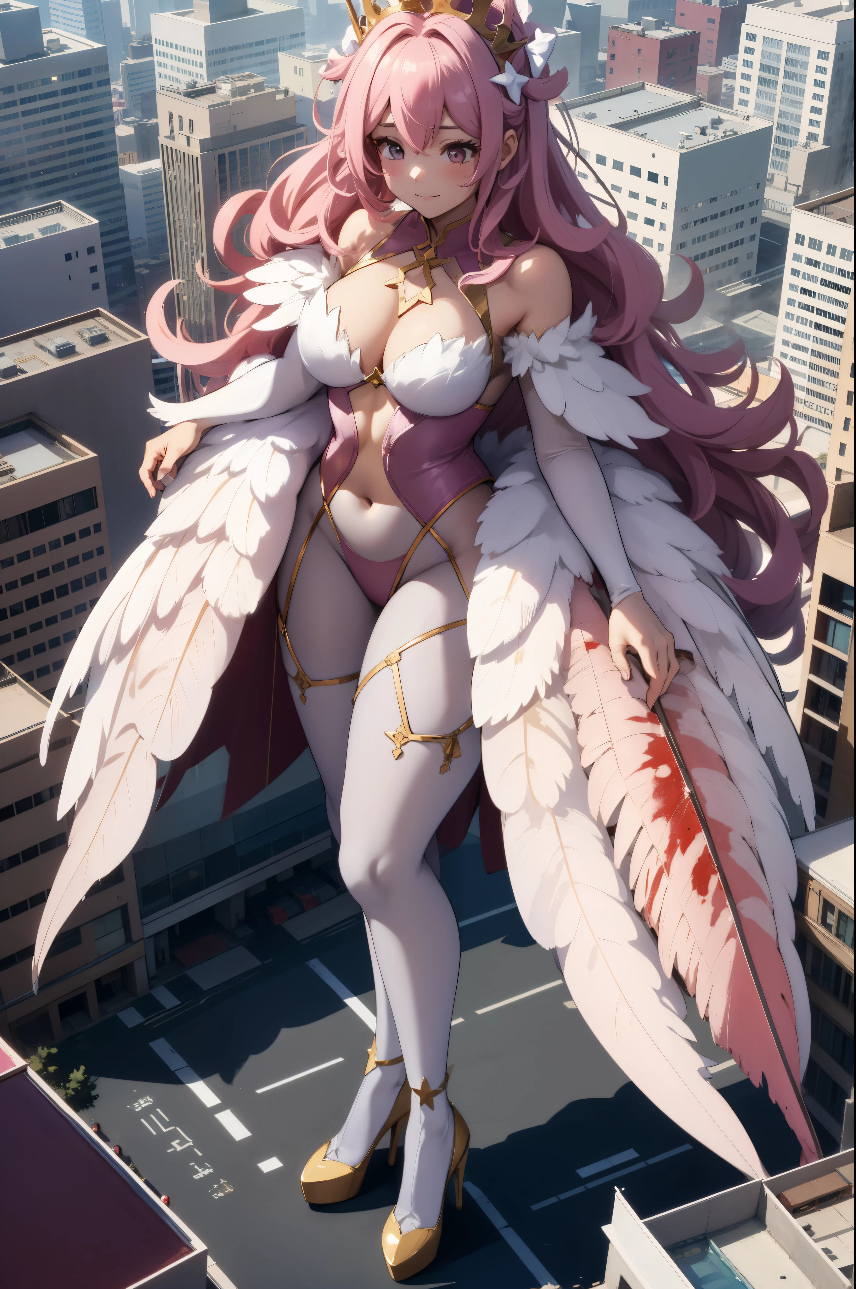 Aerial View，giant girl 50,000 feet high，Weight 1000kg，Has a pair of huge pink angel wings，With huge devil horns on his head，Has waist-length pink hair，loose hair，Pink wavy hair，pink crown，Wearing a pair of pink Mary Jane high heels，Pink lace gloves，Pink lace pantyhose，Bow and star embellished tights，粉色蕾丝whole body，Standing tall above the small town，Beautiful appearance，Exquisite makeup，quality，8k，高quality，Perfect proportion, Cinema lighting，film grain，Fuji colors，8k，textured skin，Super details，high detail，high resolution，fake smile，blood stains，脚底有blood stains，whole body，fat，feather