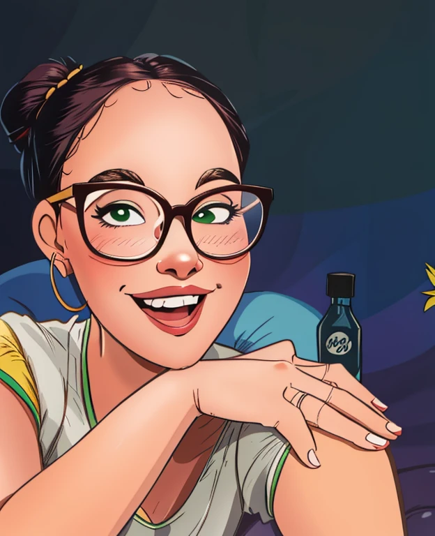 smiling woman with glasses and a beige blouse sitting at a table, headshot Foto do perfil, Alanis Guillen, Violeta Myers, Mulher de 30 anos de Cuba, Girl with glasses, Foto do perfil, imagem de perfil, leve sorriso nerd, girl wearing round glasses, sorriso fofo e levemente nerd, selfie de uma jovem, thick lens glasses, pele verde-oliva, Pele clara