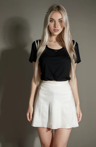 perfect white woman with long platina hair , 1 eye green 1 eye blue, freckle on her face, beautifuel full body, long leg wearing sexy black skirt and a cute shirt
