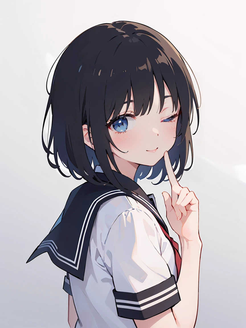 One girl, classical, straight medium cut black hair, one eye closed, put index finger on mouth, looking back, beautiful eyes, high quality, white skin, {school uniform, short sleeve shirt}, looking back, put index finger on mouth, low saturation, portrait, fine line drawing, fine detail,