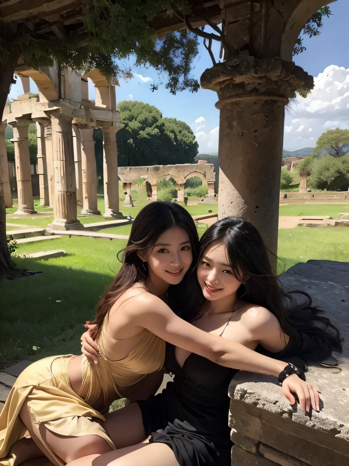 Ancient Roman ruins,Poussin-style landscape,A smile,,Sweet and seductive appearance.、Caravaggio's paintings、Chiaroscuro of Caravaggio、Hair disheveled in the wind,Two women frolicking,Cute smile, Expression of ecstasy,A sexy,Erotic